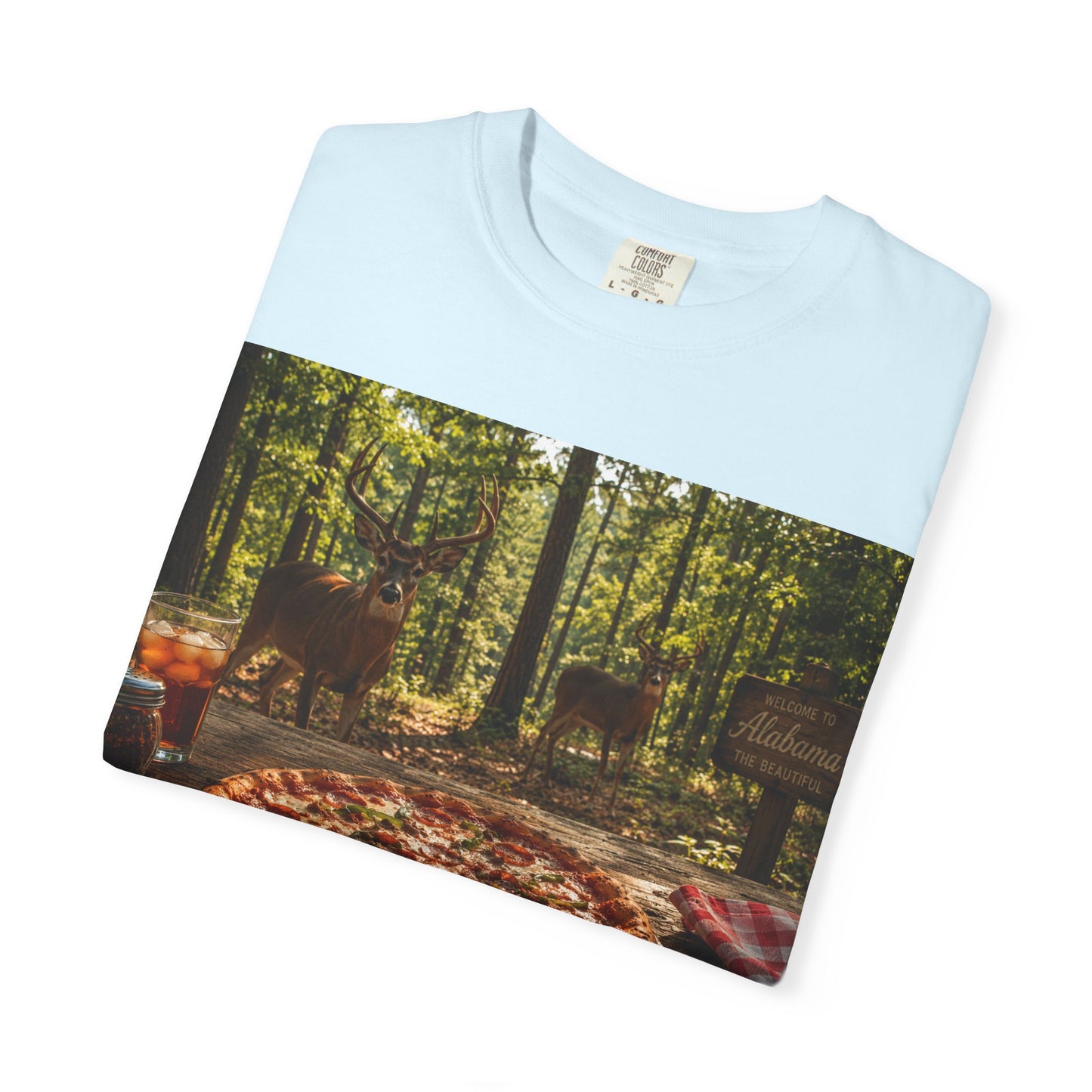 Pizza Picnic T‑Shirt — Forest Camping Pizza Scene