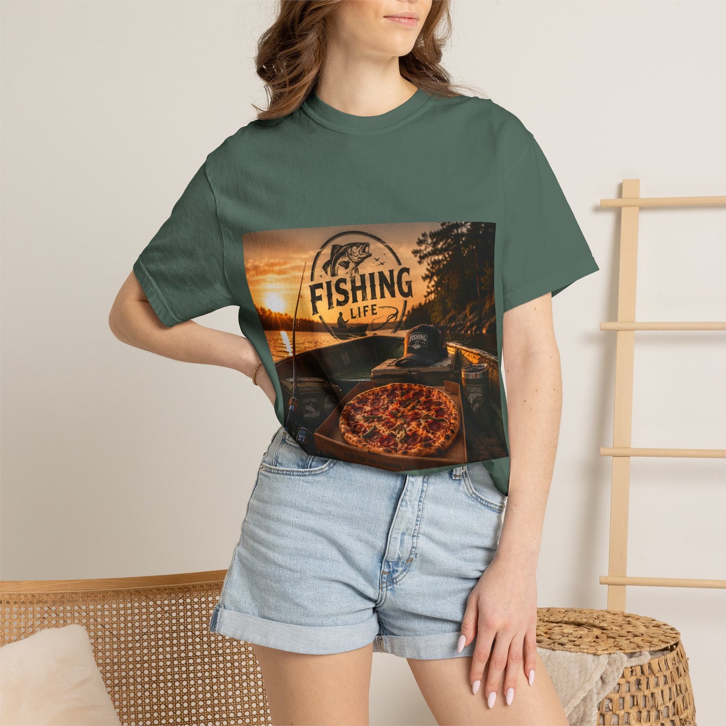 Fishing Life T-Shirt — Sunset Boat Pizza Graphic Tee