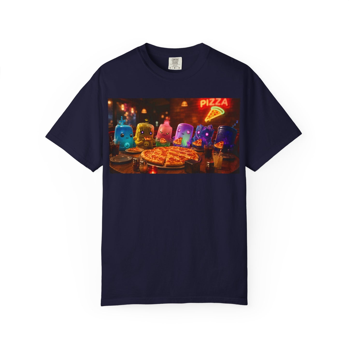 Pizza Night Ghosts T-Shirt — Neon Retro Pizza Party Tee