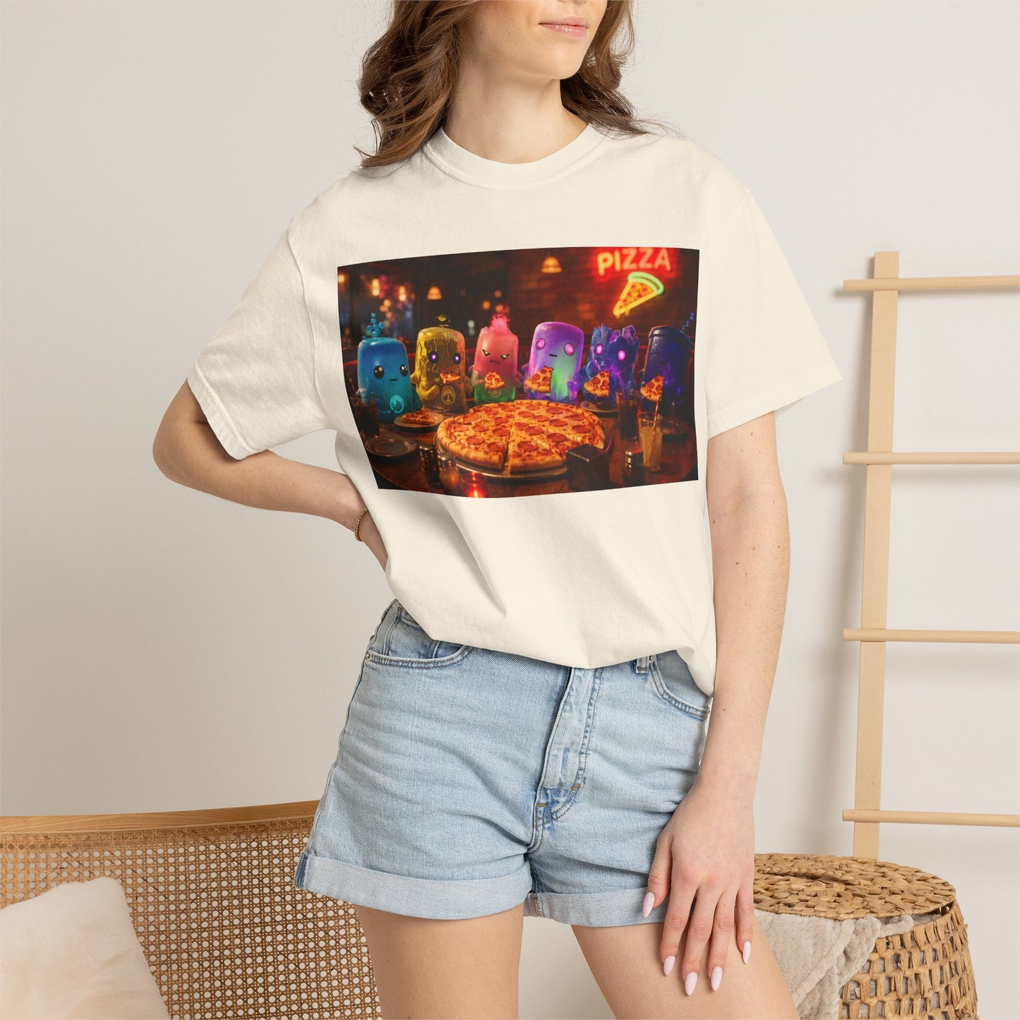 Pizza Night Ghosts T-Shirt — Neon Retro Pizza Party Tee