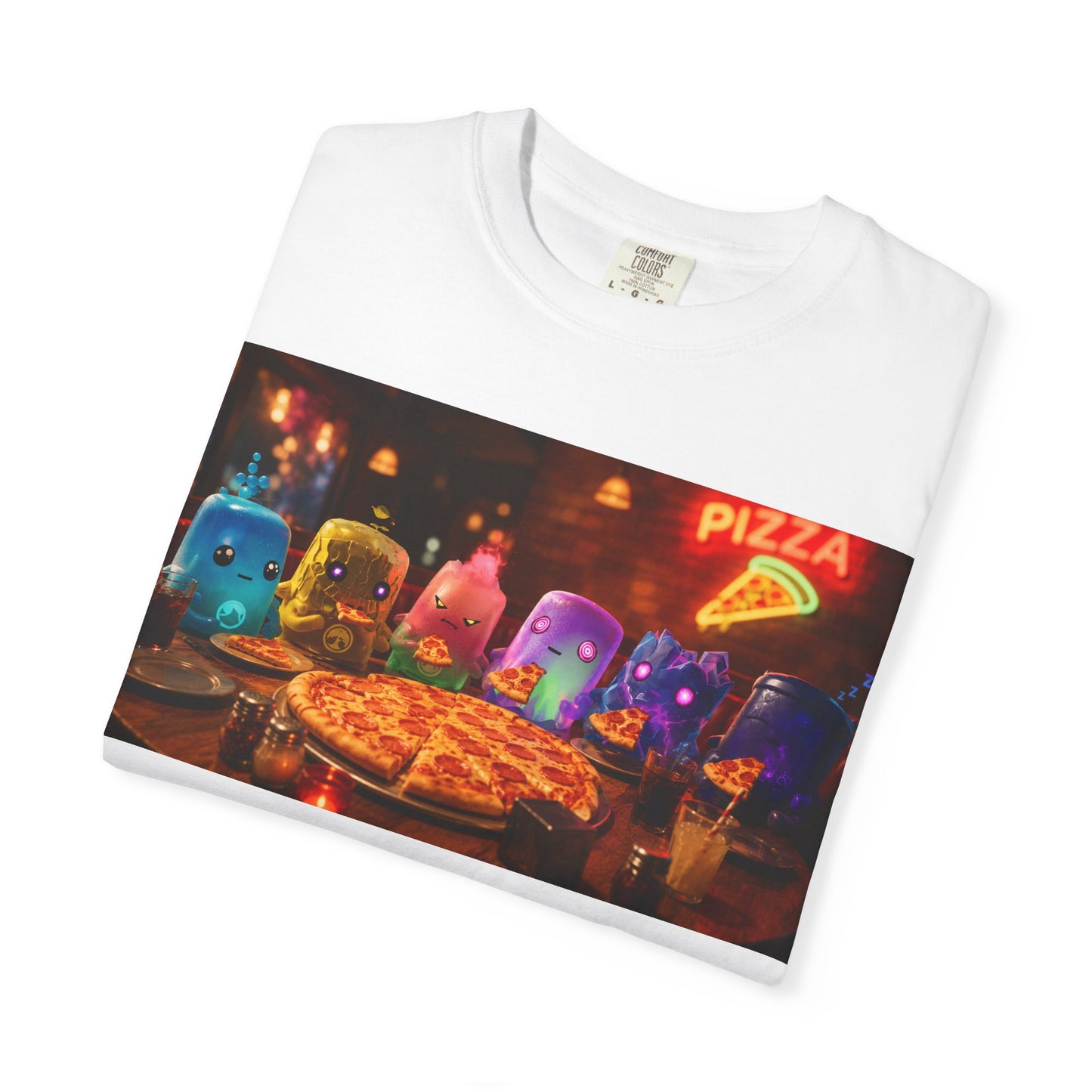 Pizza Night Ghosts T-Shirt — Neon Retro Pizza Party Tee