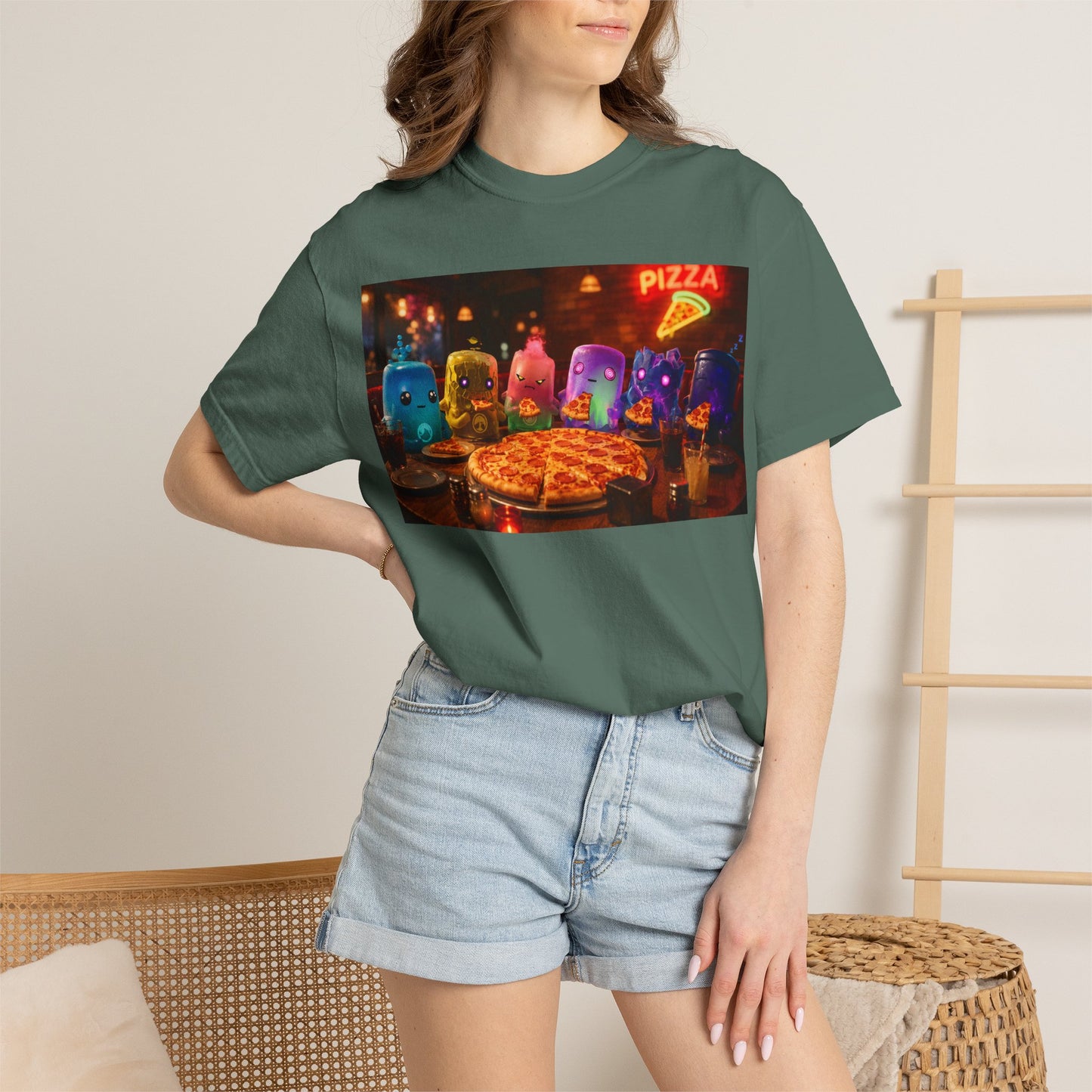 Pizza Night Ghosts T-Shirt — Neon Retro Pizza Party Tee