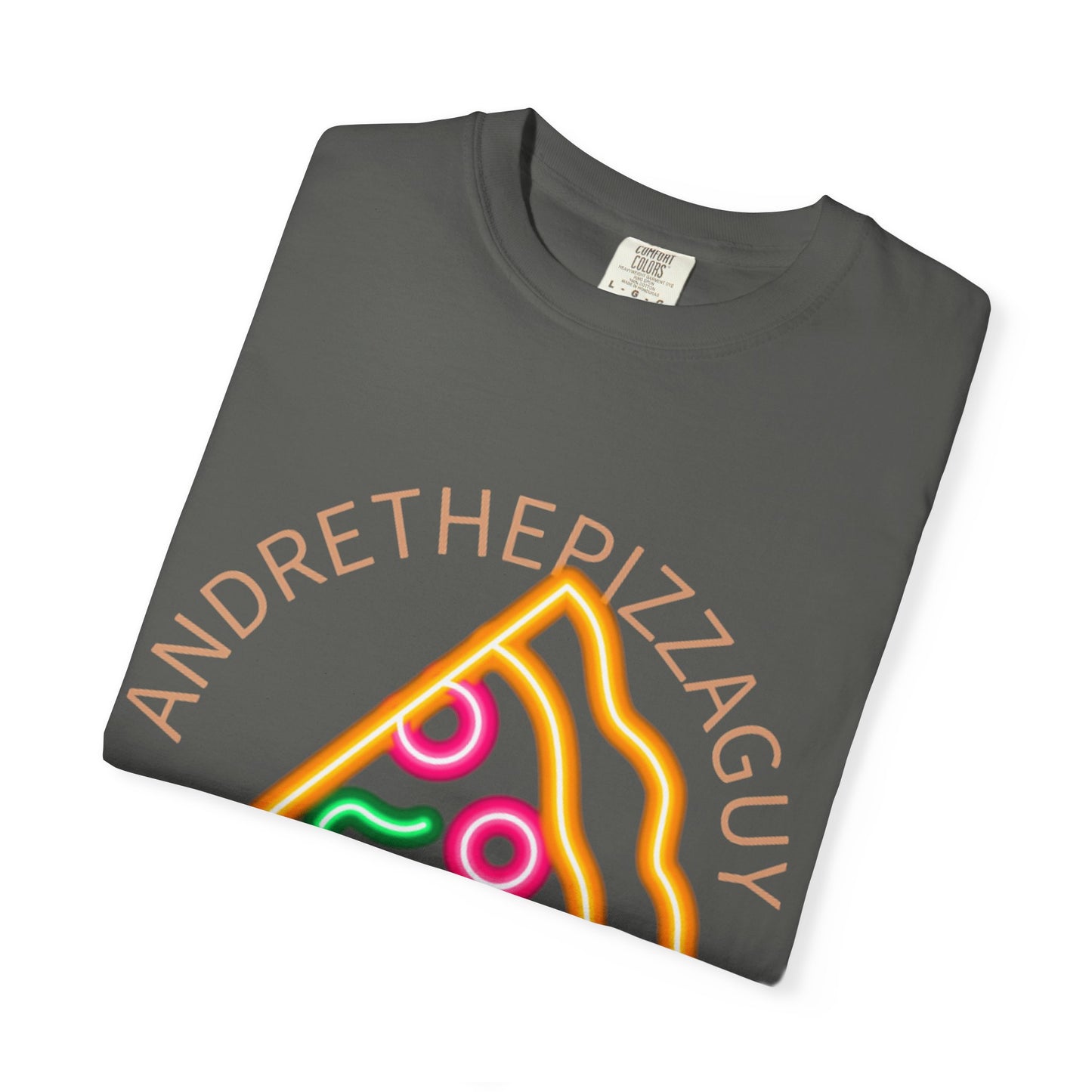 Pizza Slice Graphic T-Shirt – "ANDRETHEPIZZAGUY" Neon Design