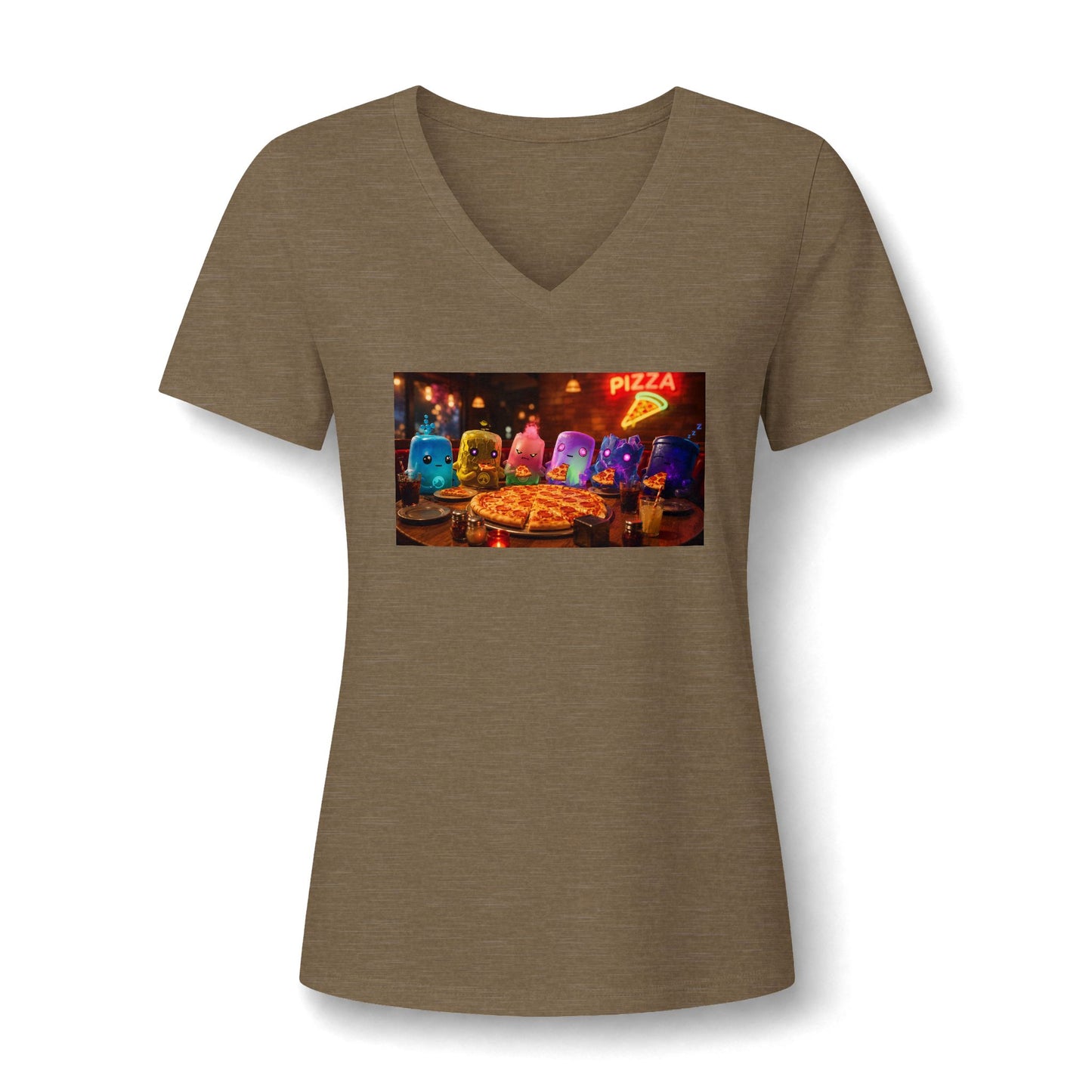 Pizza Night V‑Neck Tee — Colorful Arcade Slice Design