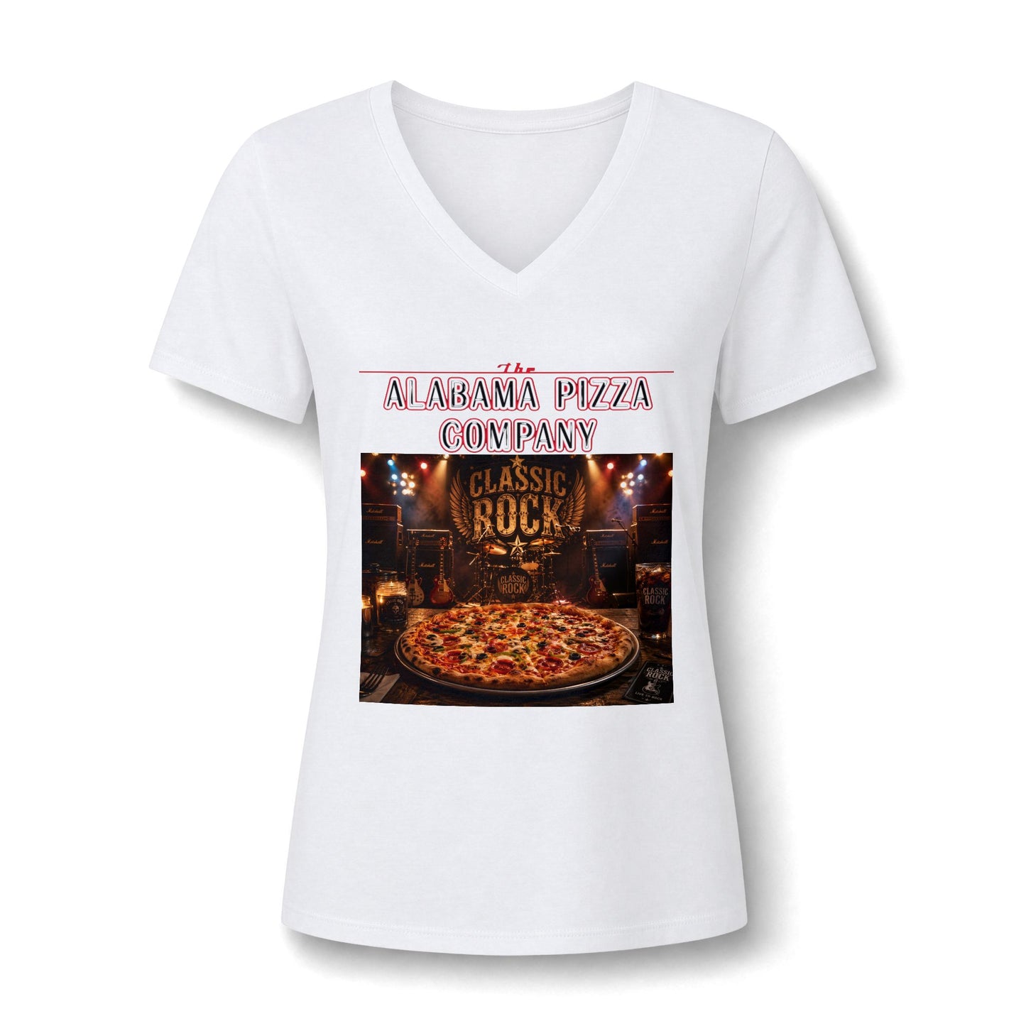 Pizza Company V-Neck Tee — "Classic Rock" Pizzeria Graphic