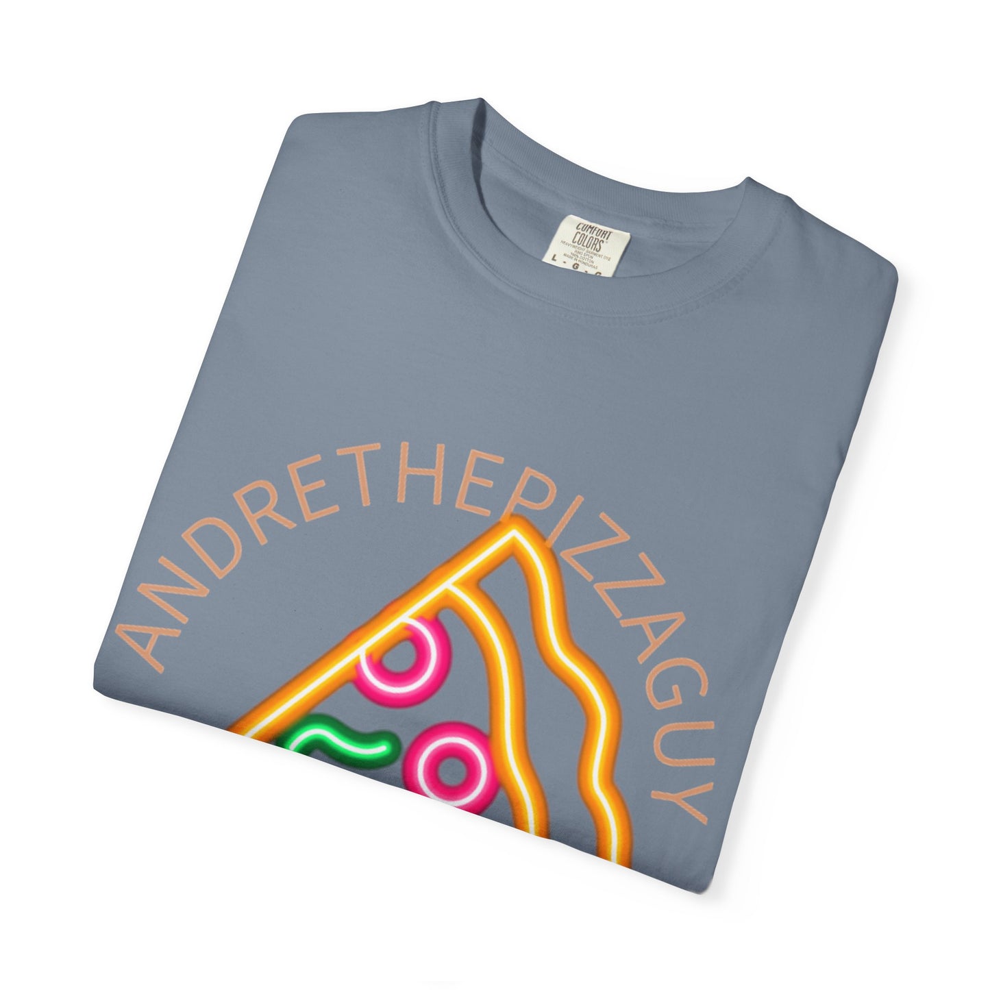 Pizza Slice Graphic T-Shirt – "ANDRETHEPIZZAGUY" Neon Design