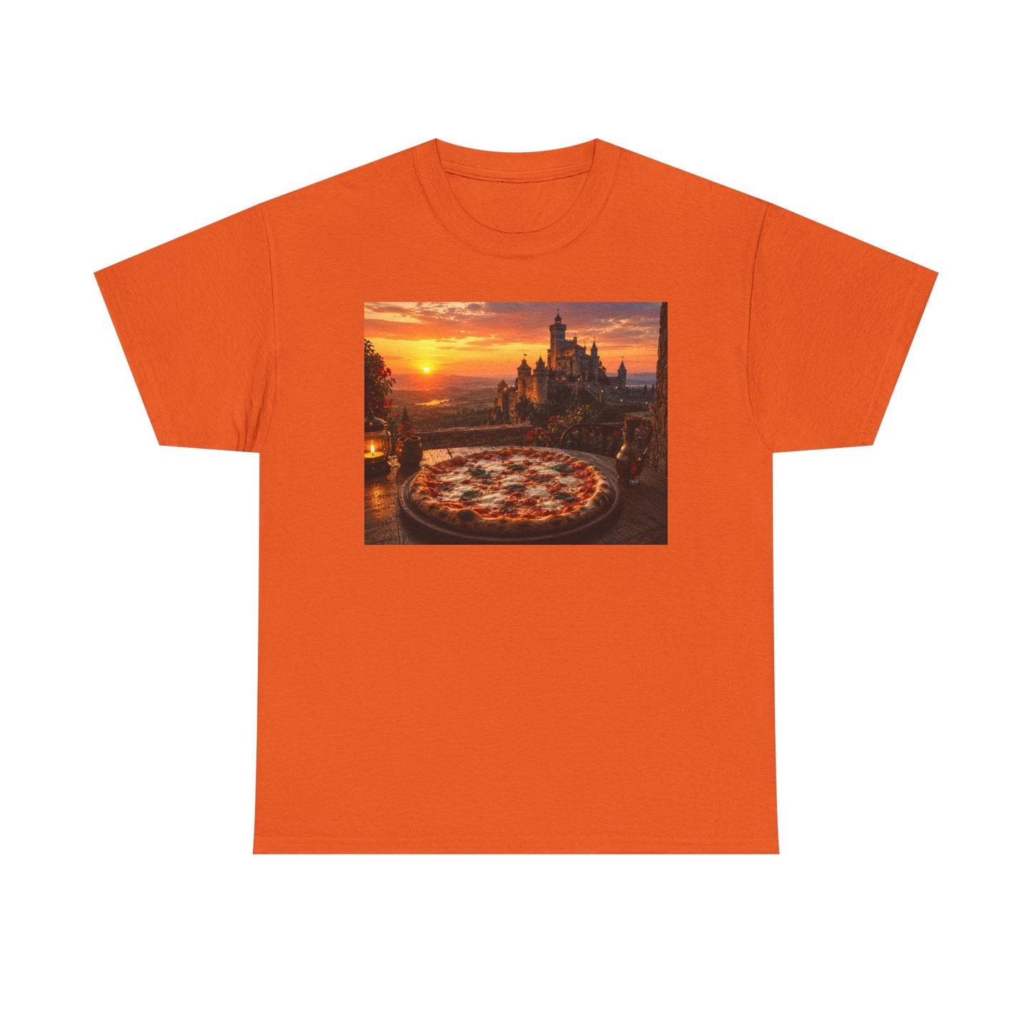Pizza Sunset T‑Shirt — Scenic Castle & Pizza Print Tee
