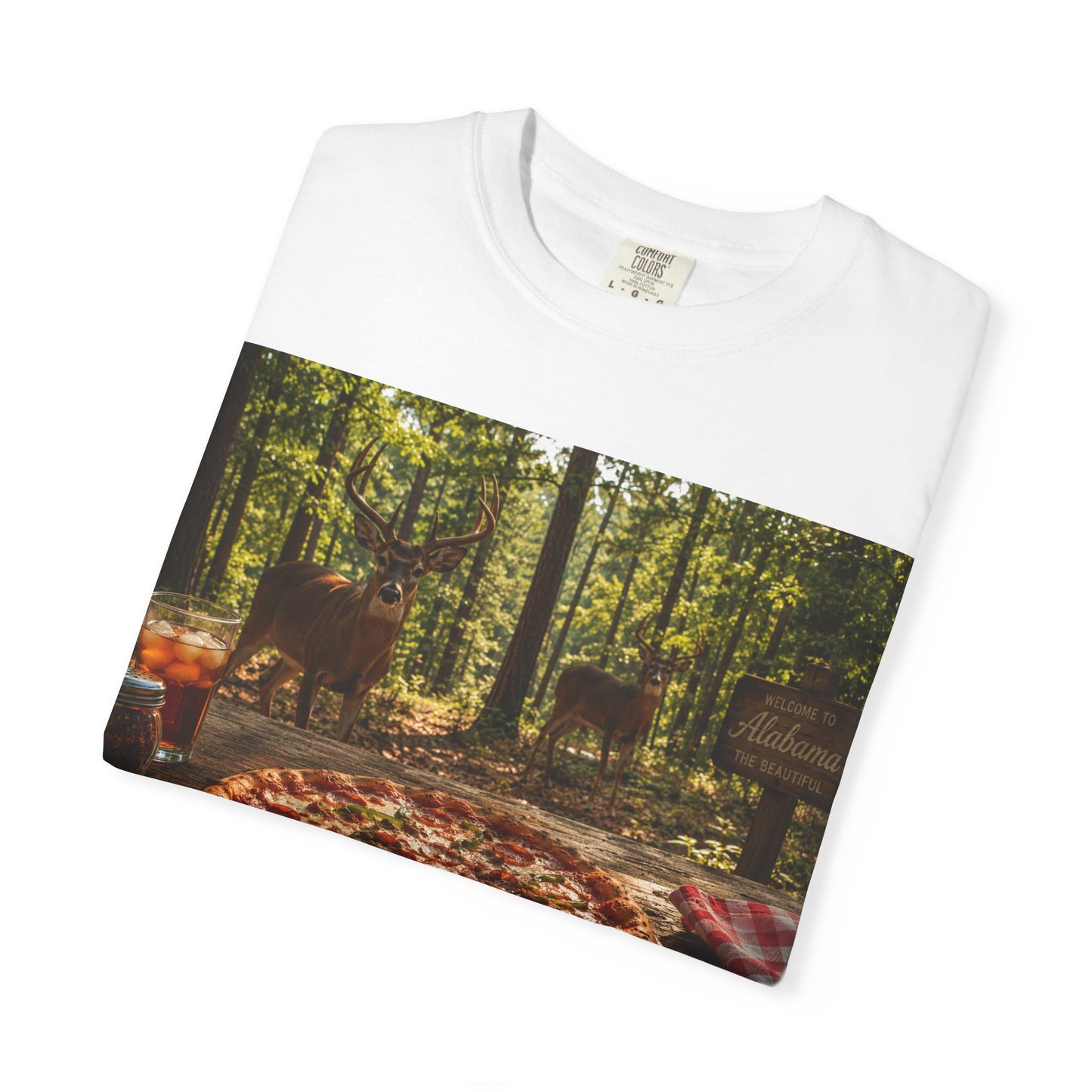 Pizza Picnic T‑Shirt — Forest Camping Pizza Scene
