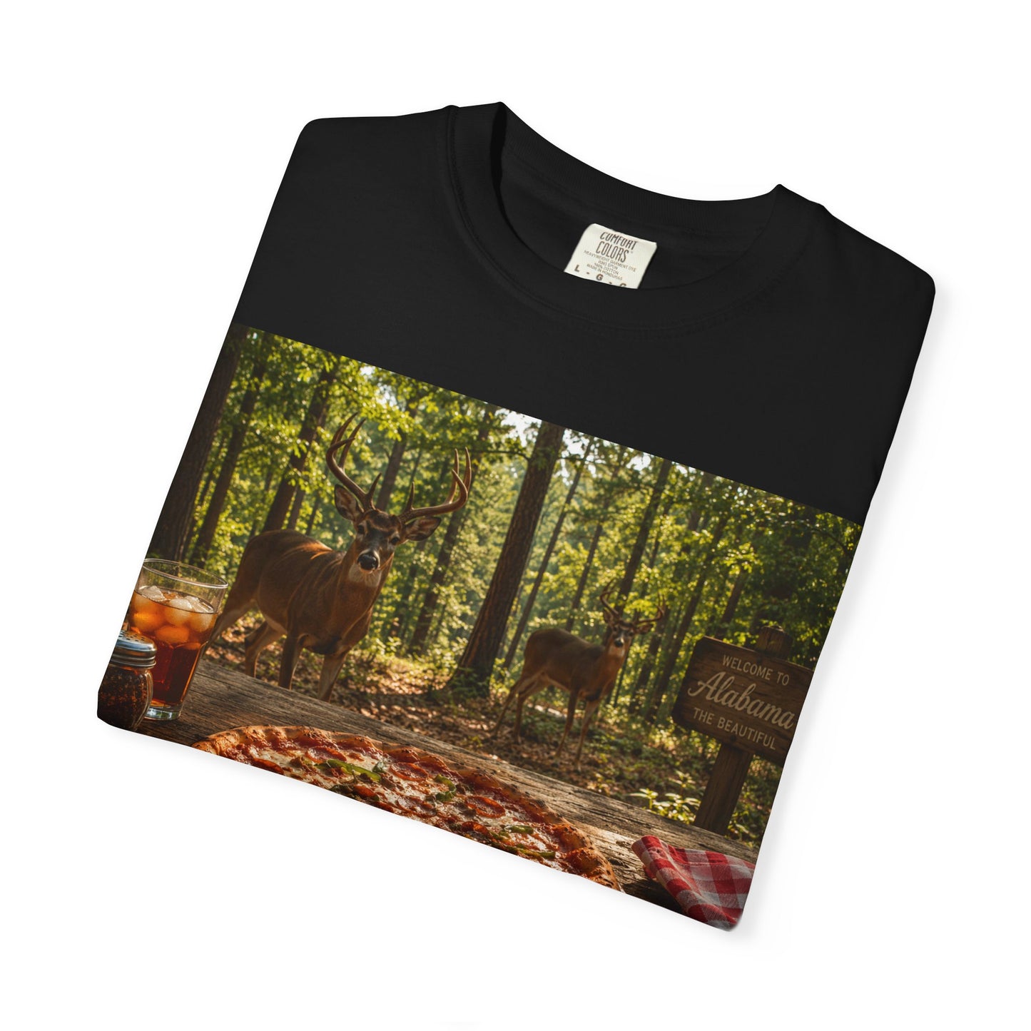 Pizza Picnic T‑Shirt — Forest Camping Pizza Scene