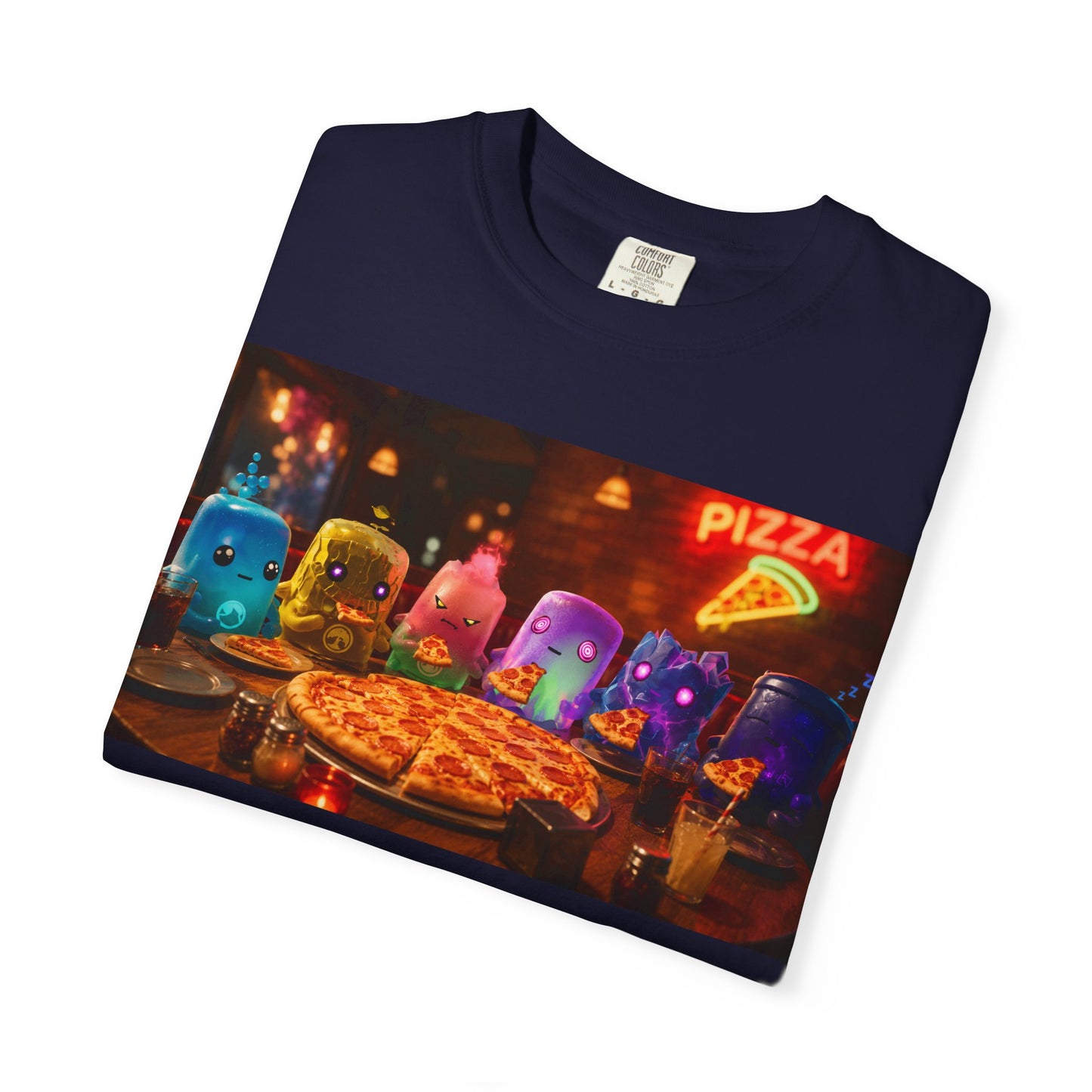 Pizza Night Ghosts T-Shirt — Neon Retro Pizza Party Tee