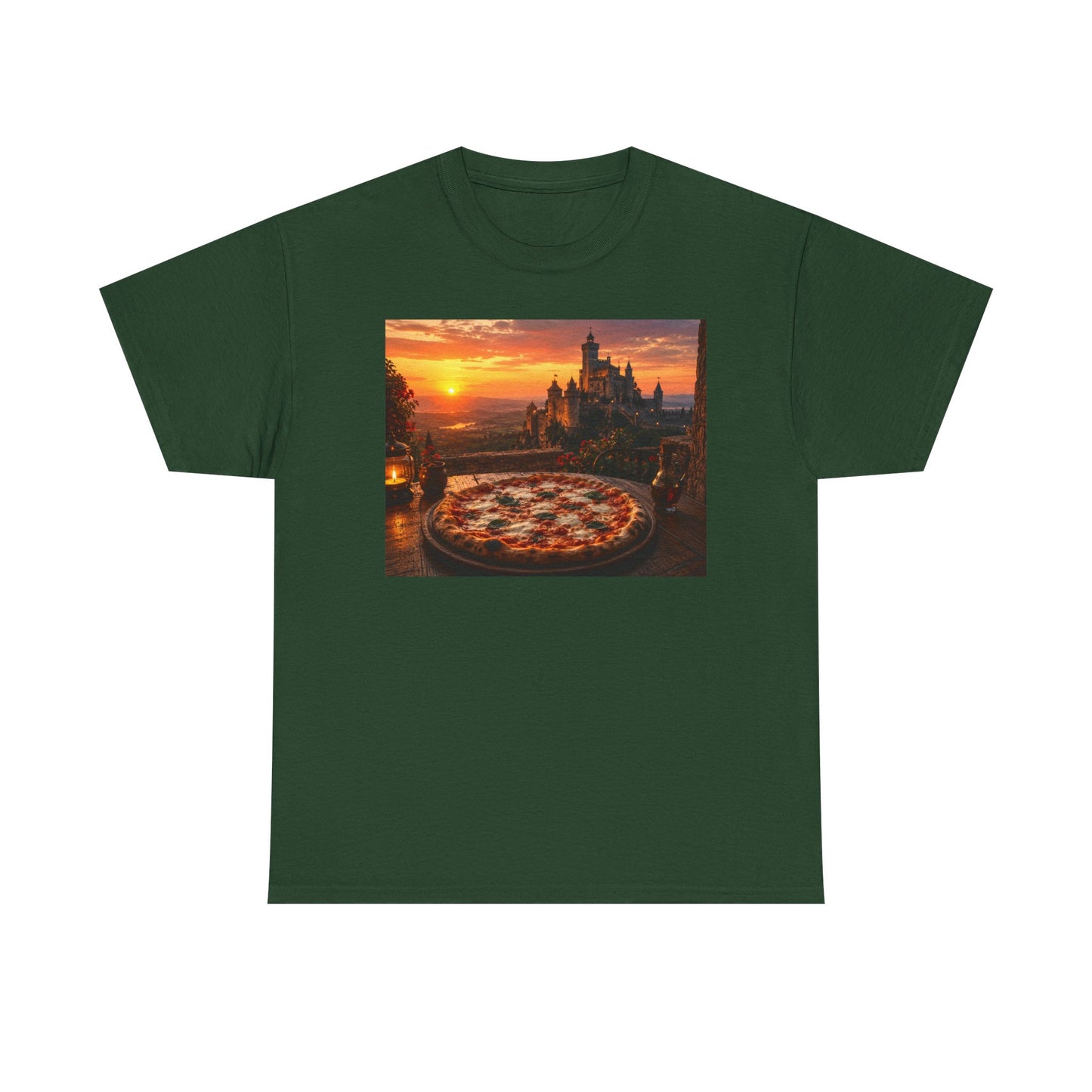 Pizza Sunset T‑Shirt — Scenic Castle & Pizza Print Tee