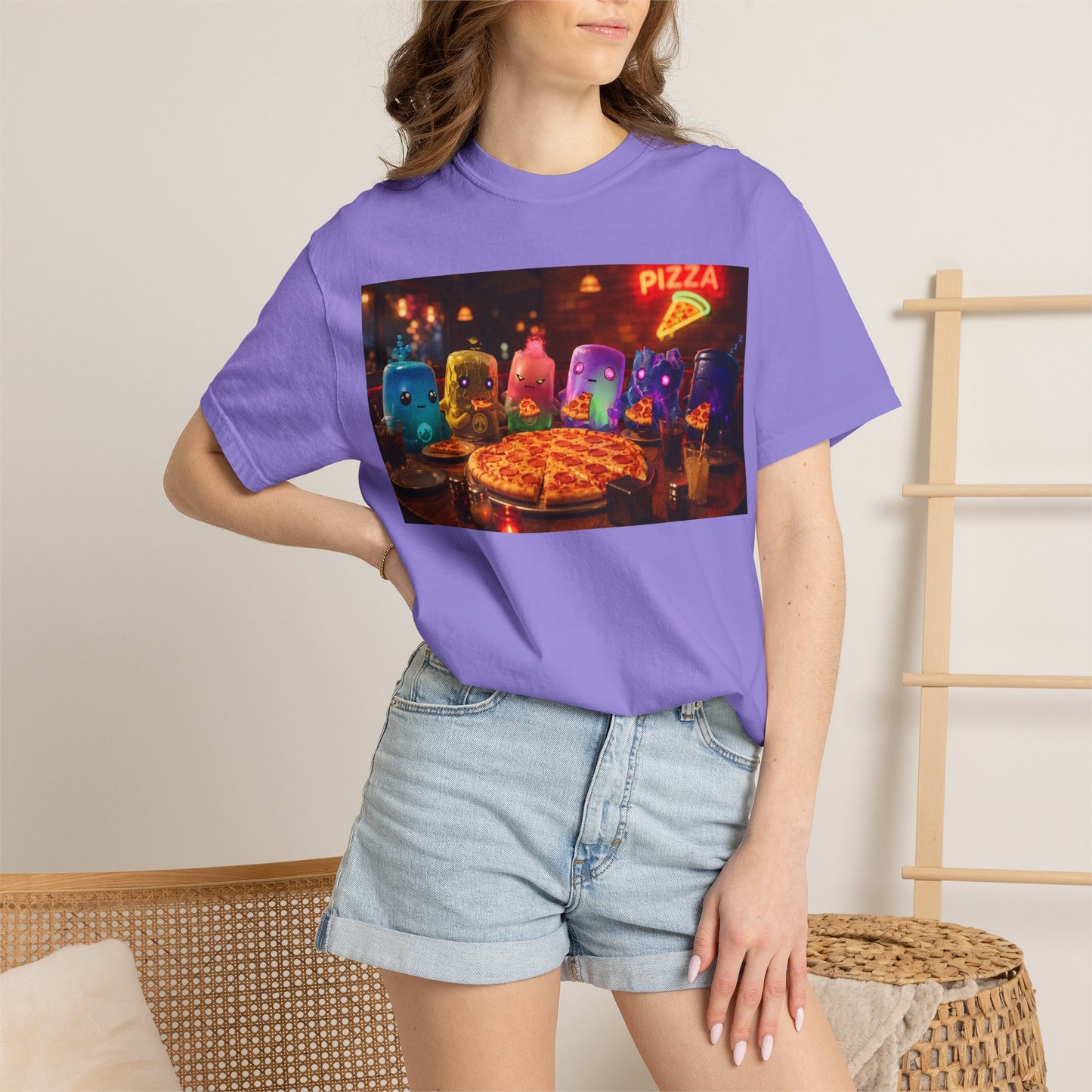 Pizza Night Ghosts T-Shirt — Neon Retro Pizza Party Tee