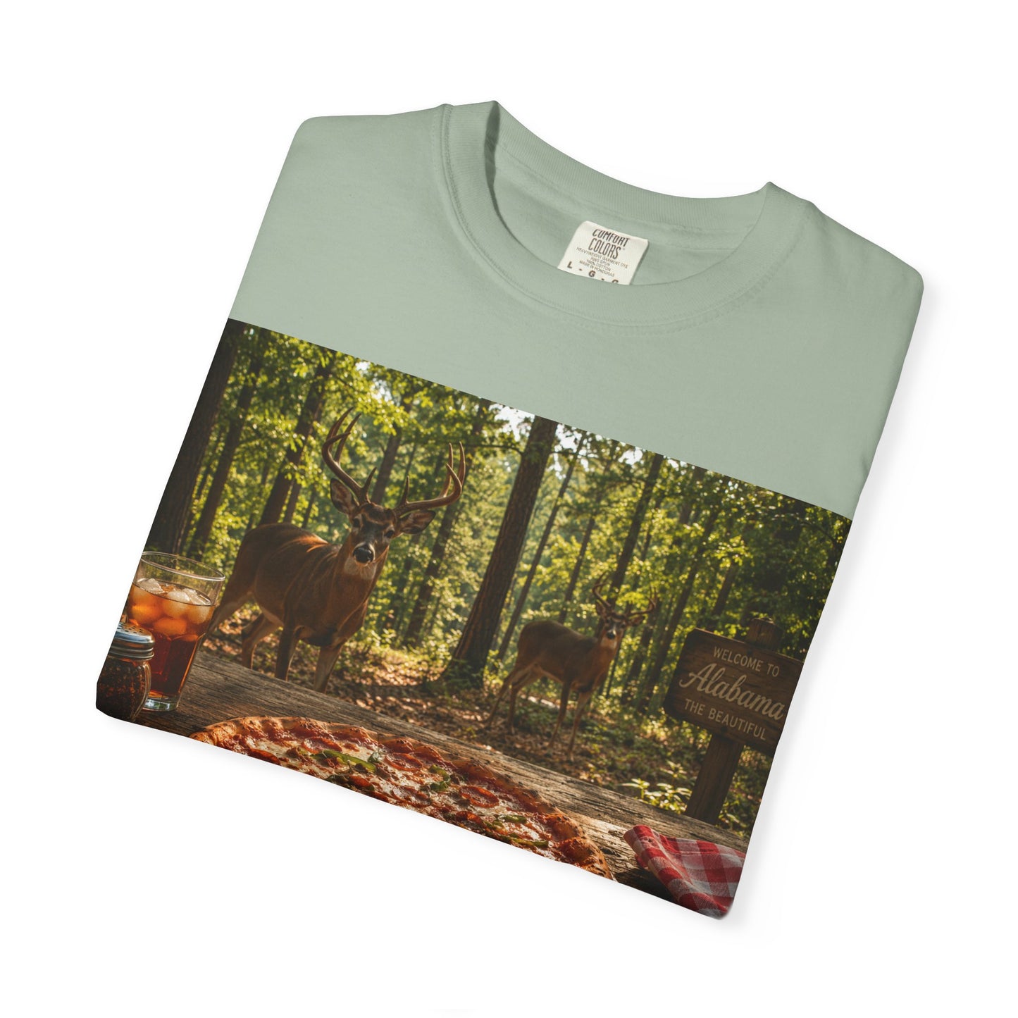 Pizza Picnic T‑Shirt — Forest Camping Pizza Scene