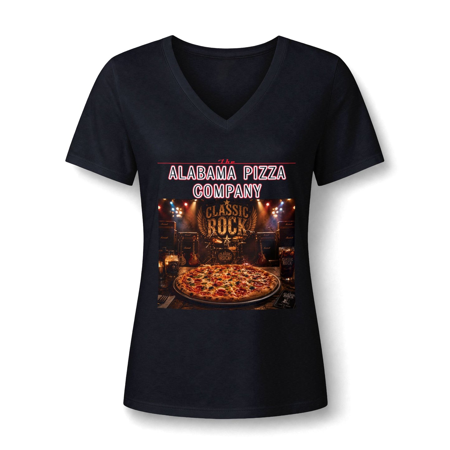 Pizza Company V-Neck Tee — "Classic Rock" Pizzeria Graphic
