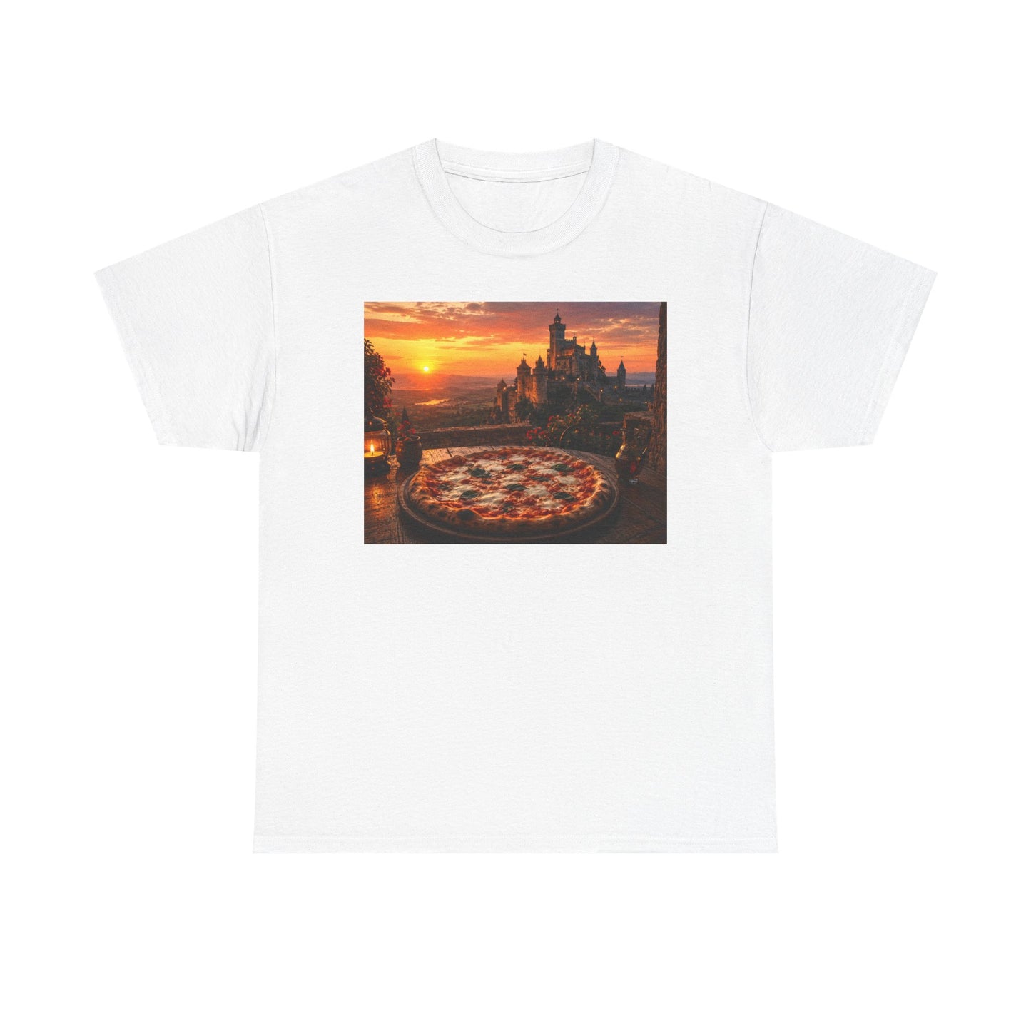 Pizza Sunset T‑Shirt — Scenic Castle & Pizza Print Tee