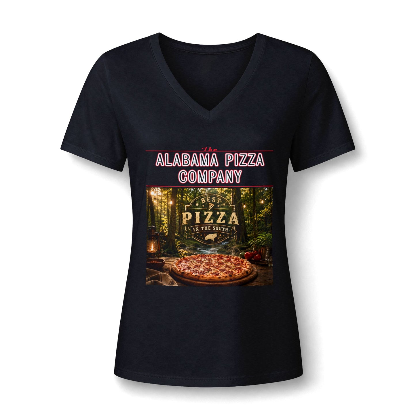 Pizza Company V-Neck Tee — "Mama Pizza Company" Rustic Wood-Fired Pizza Graphic