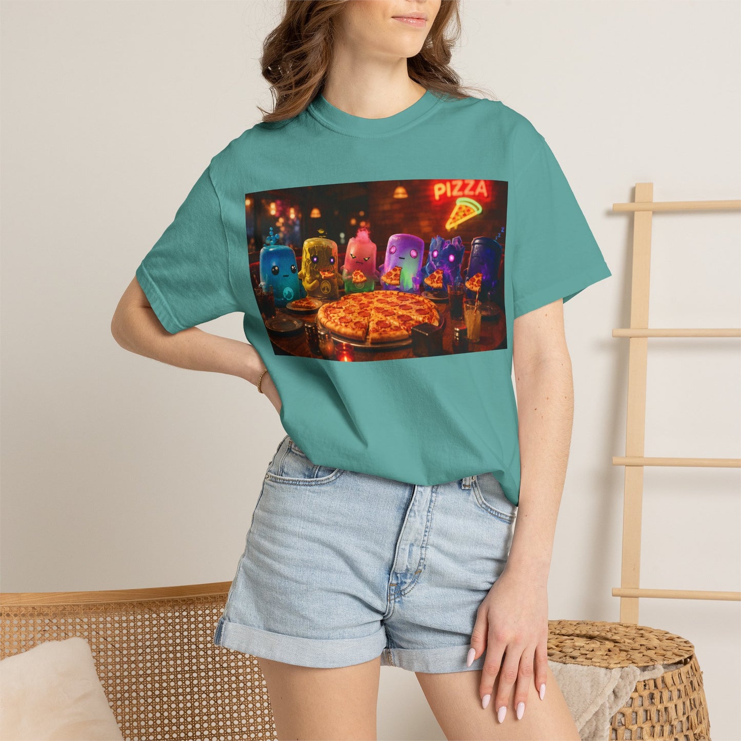 Pizza Night Ghosts T-Shirt — Neon Retro Pizza Party Tee