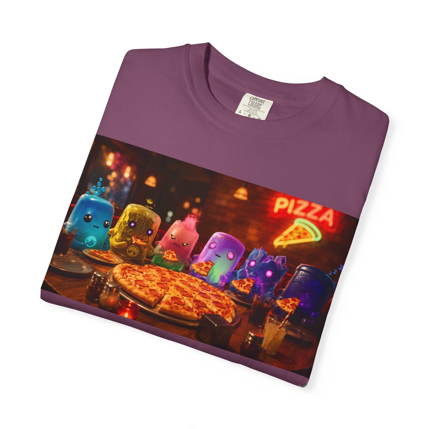 Pizza Night Ghosts T-Shirt — Neon Retro Pizza Party Tee