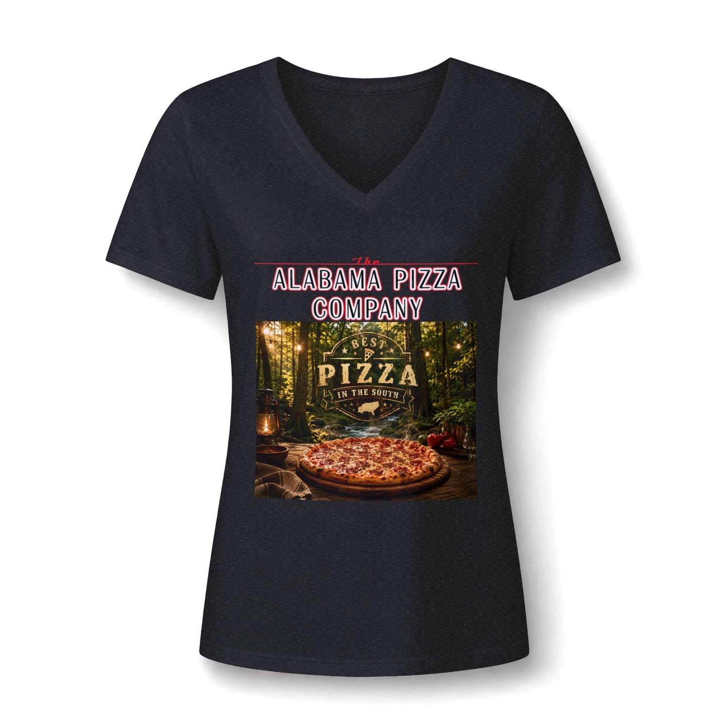 Pizza Company V-Neck Tee — Rustic Wood-Fired Pizza Graphic