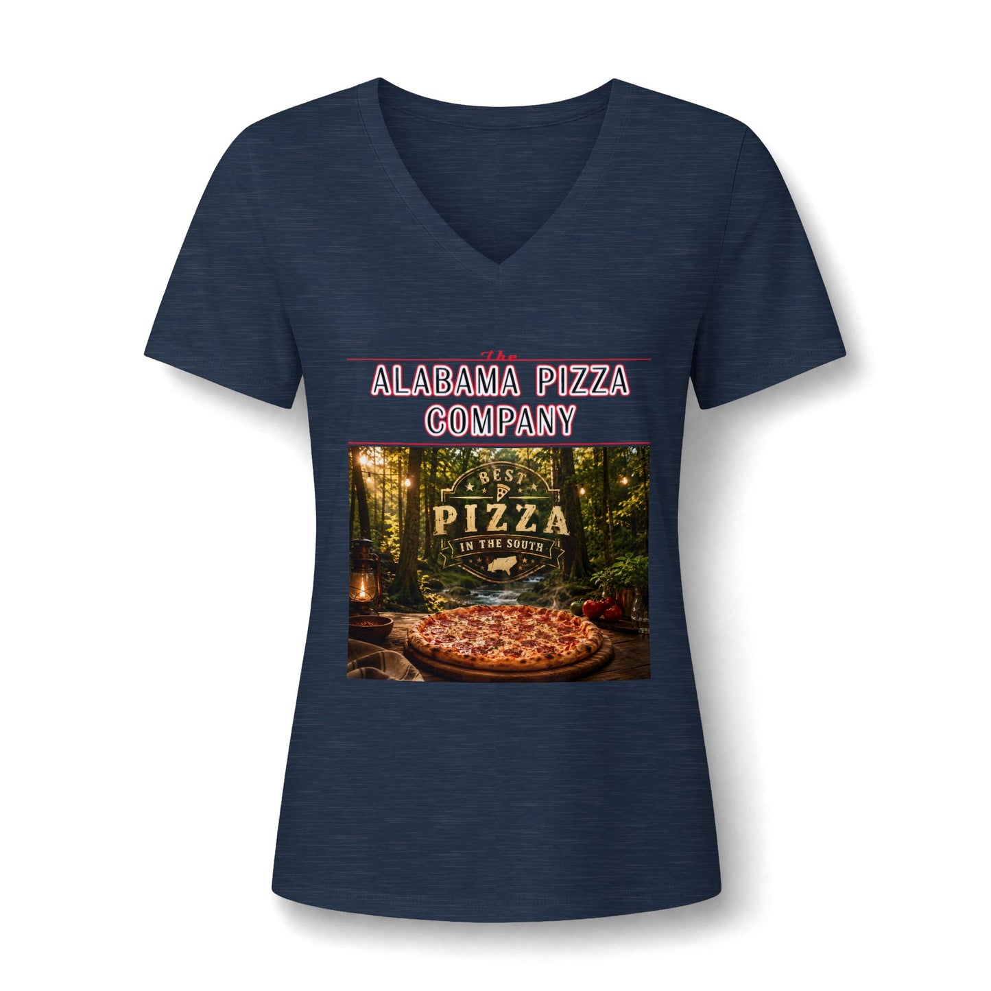 Pizza Company V-Neck Tee — "Mama Pizza Company" Rustic Wood-Fired Pizza Graphic