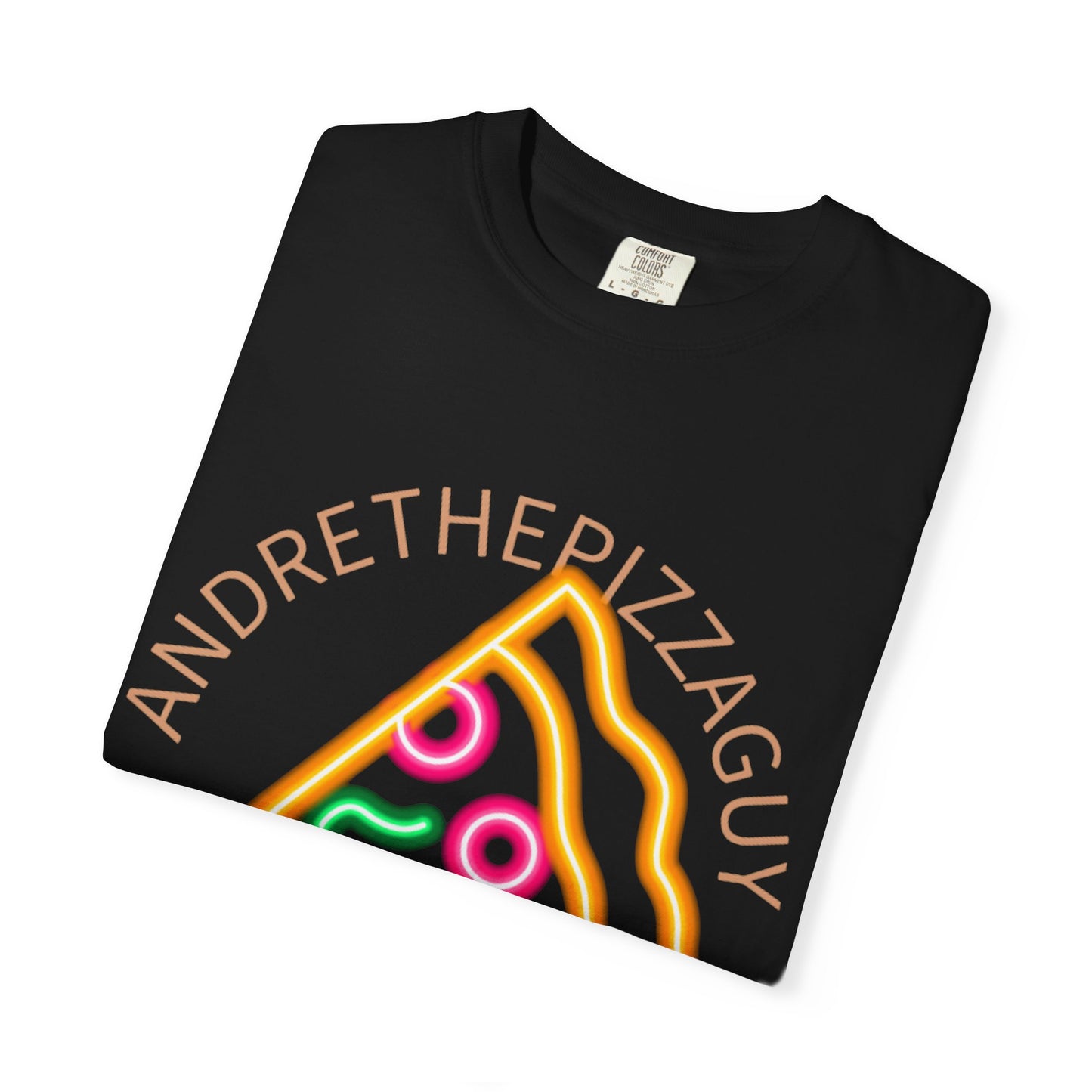Pizza Slice Graphic T-Shirt – "ANDRETHEPIZZAGUY" Neon Design