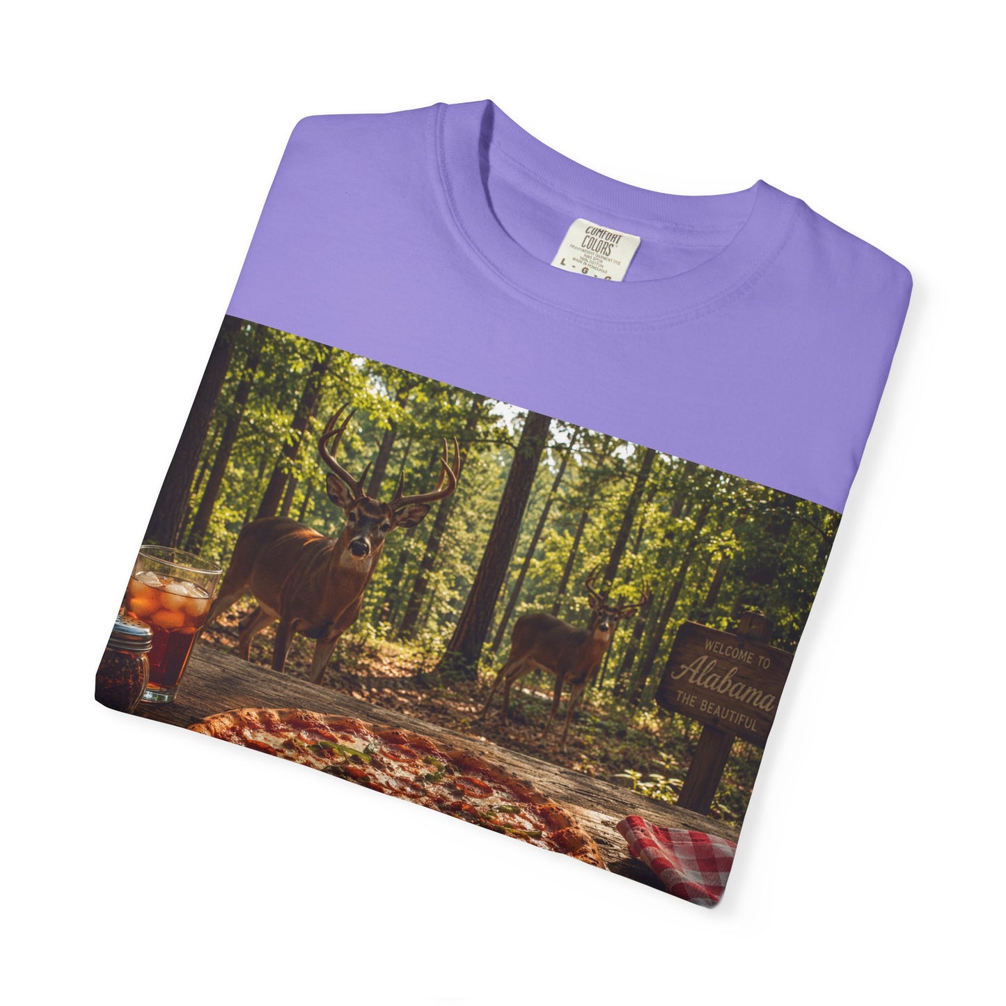 Pizza Picnic T‑Shirt — Forest Camping Pizza Scene