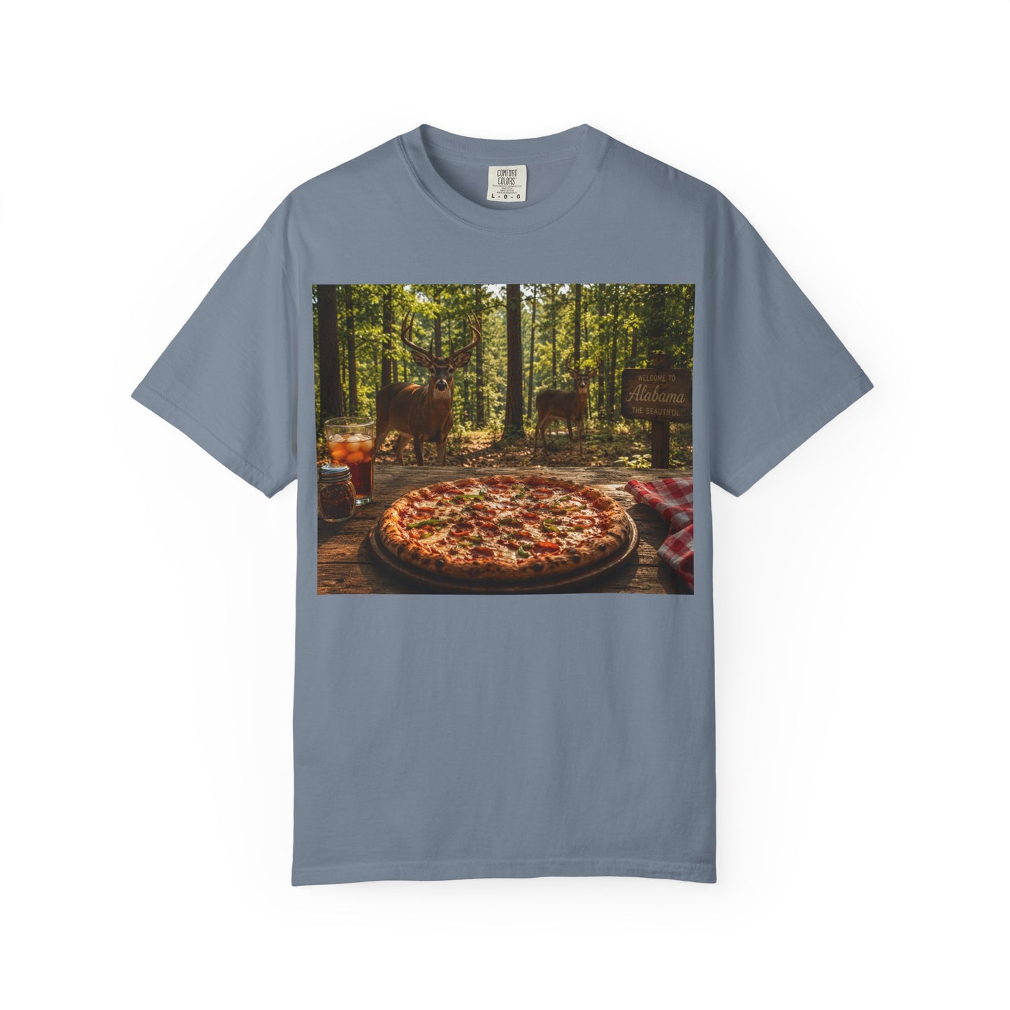 Pizza Picnic T‑Shirt — Forest Camping Pizza Scene