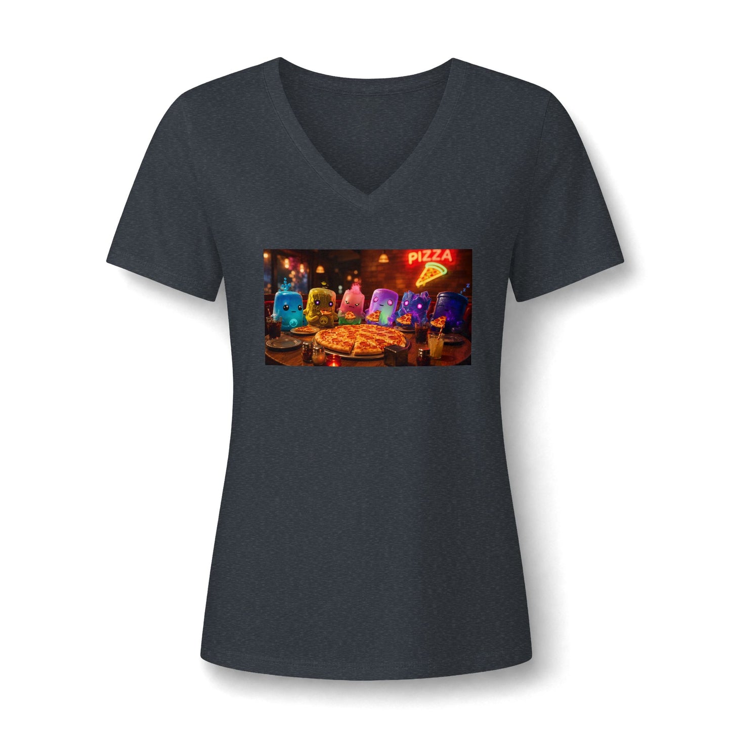 Pizza Night V‑Neck Tee — Colorful Arcade Slice Design