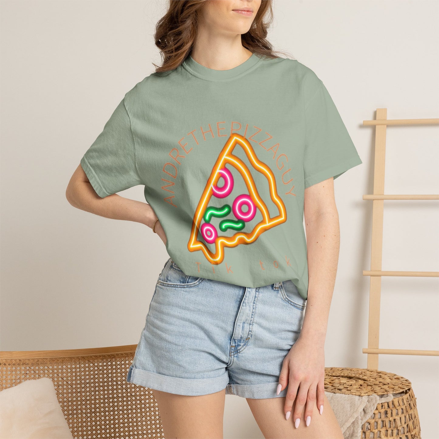 Pizza Slice Graphic T-Shirt – "ANDRETHEPIZZAGUY" Neon Design