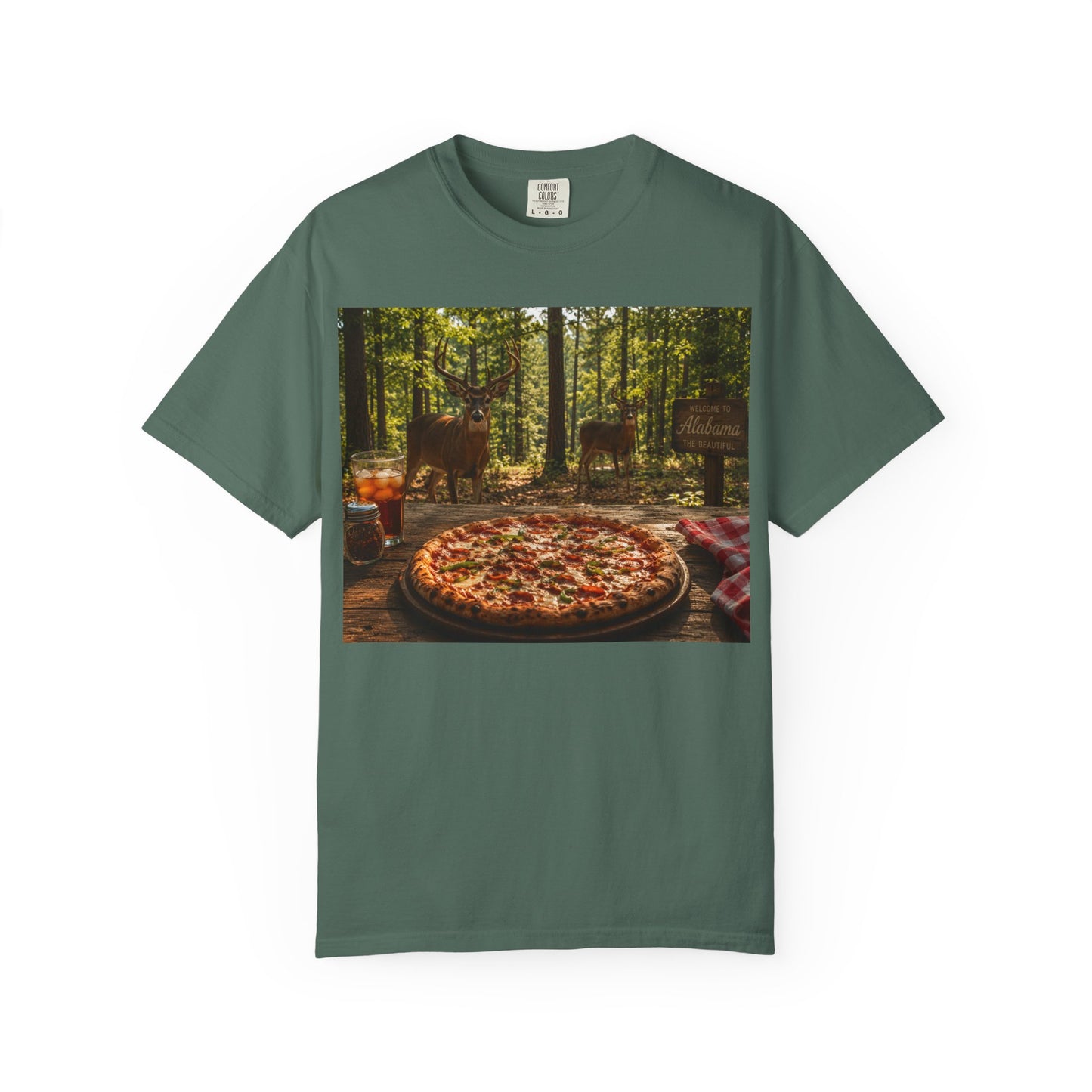 Pizza Picnic T‑Shirt — Forest Camping Pizza Scene