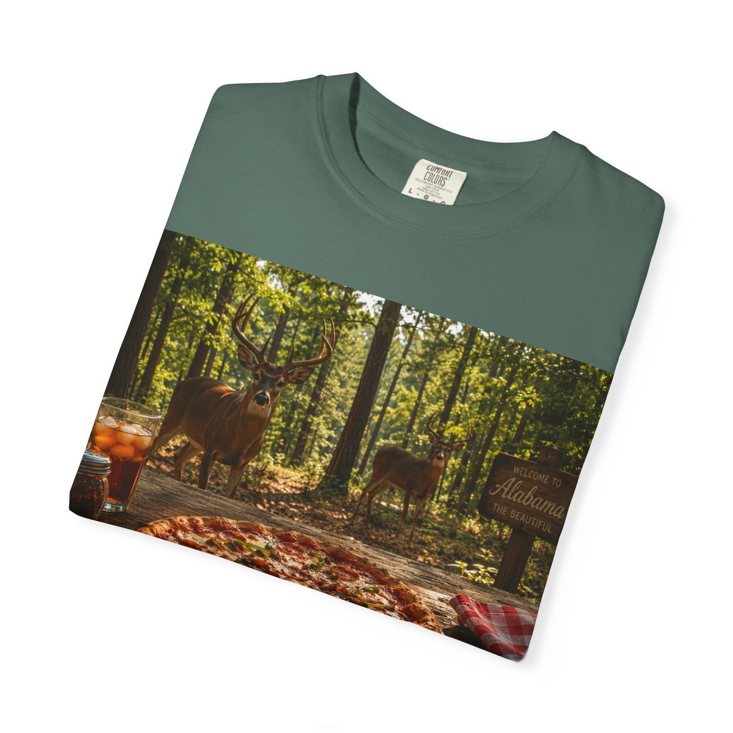 Pizza Picnic T‑Shirt — Forest Camping Pizza Scene