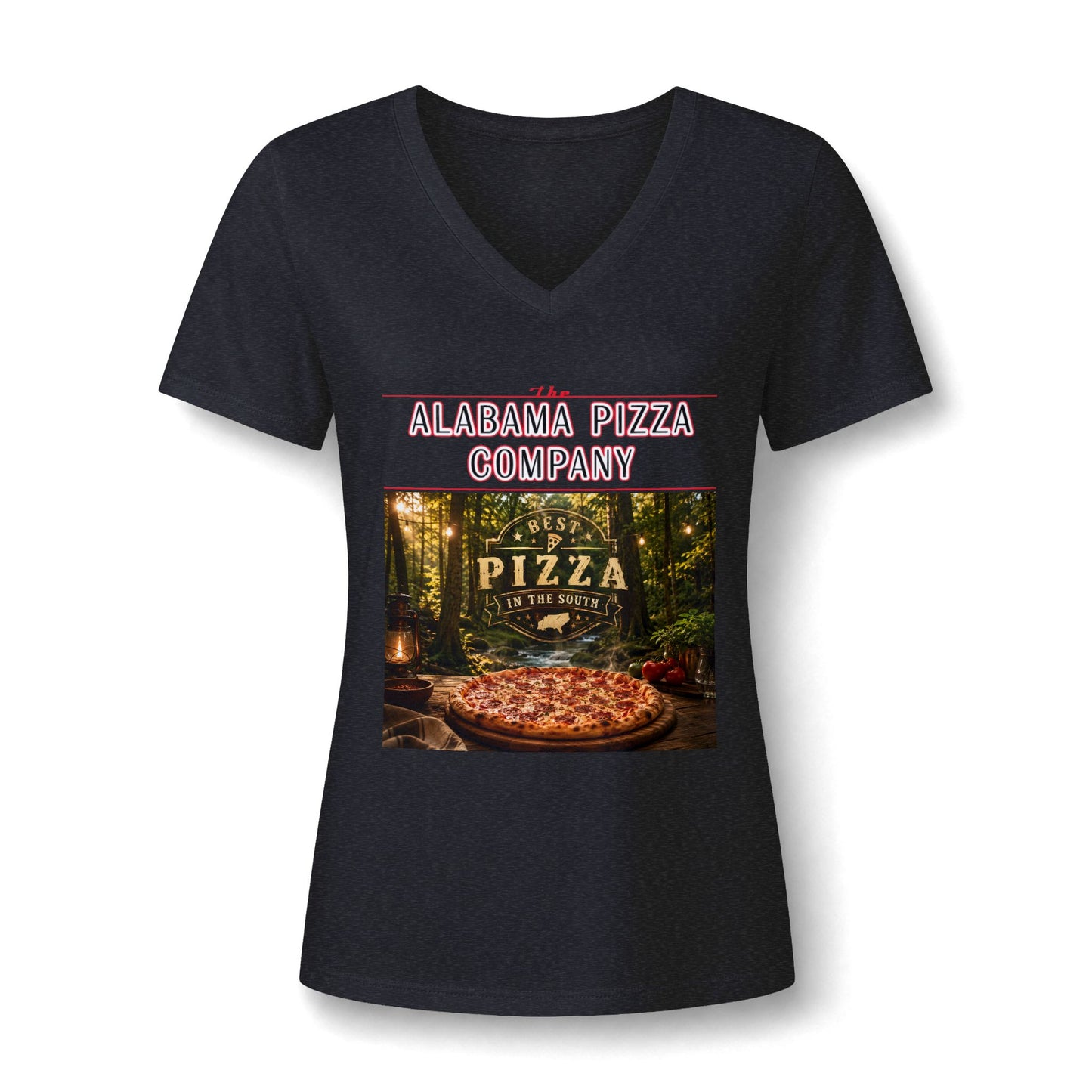 Pizza Company V-Neck Tee — "Mama Pizza Company" Rustic Wood-Fired Pizza Graphic