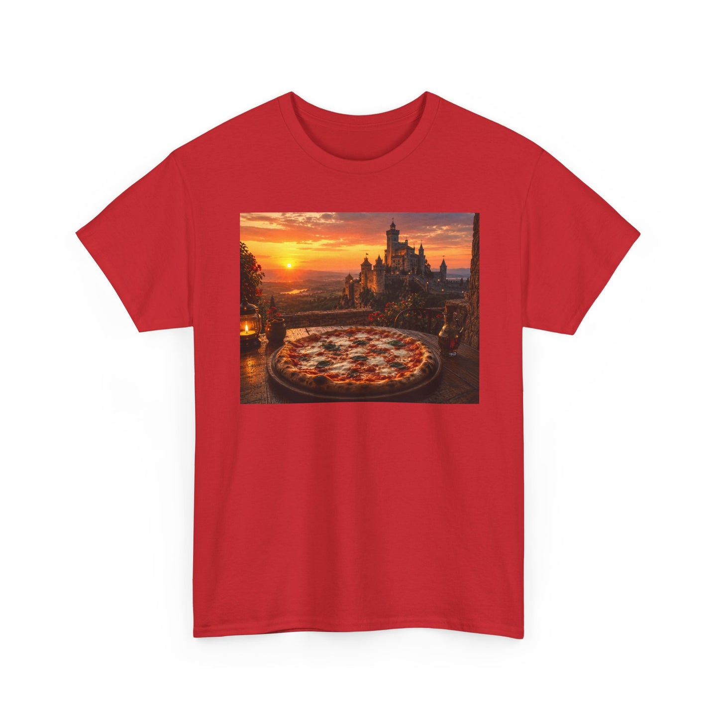 Pizza Sunset T‑Shirt — Scenic Castle & Pizza Print Tee