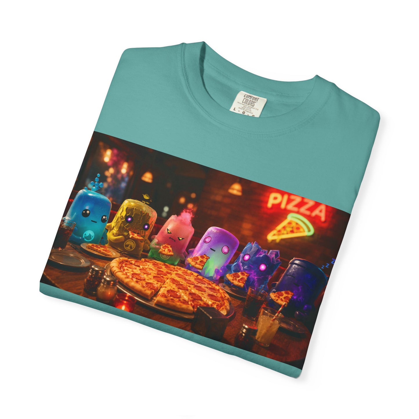 Pizza Night Ghosts T-Shirt — Neon Retro Pizza Party Tee