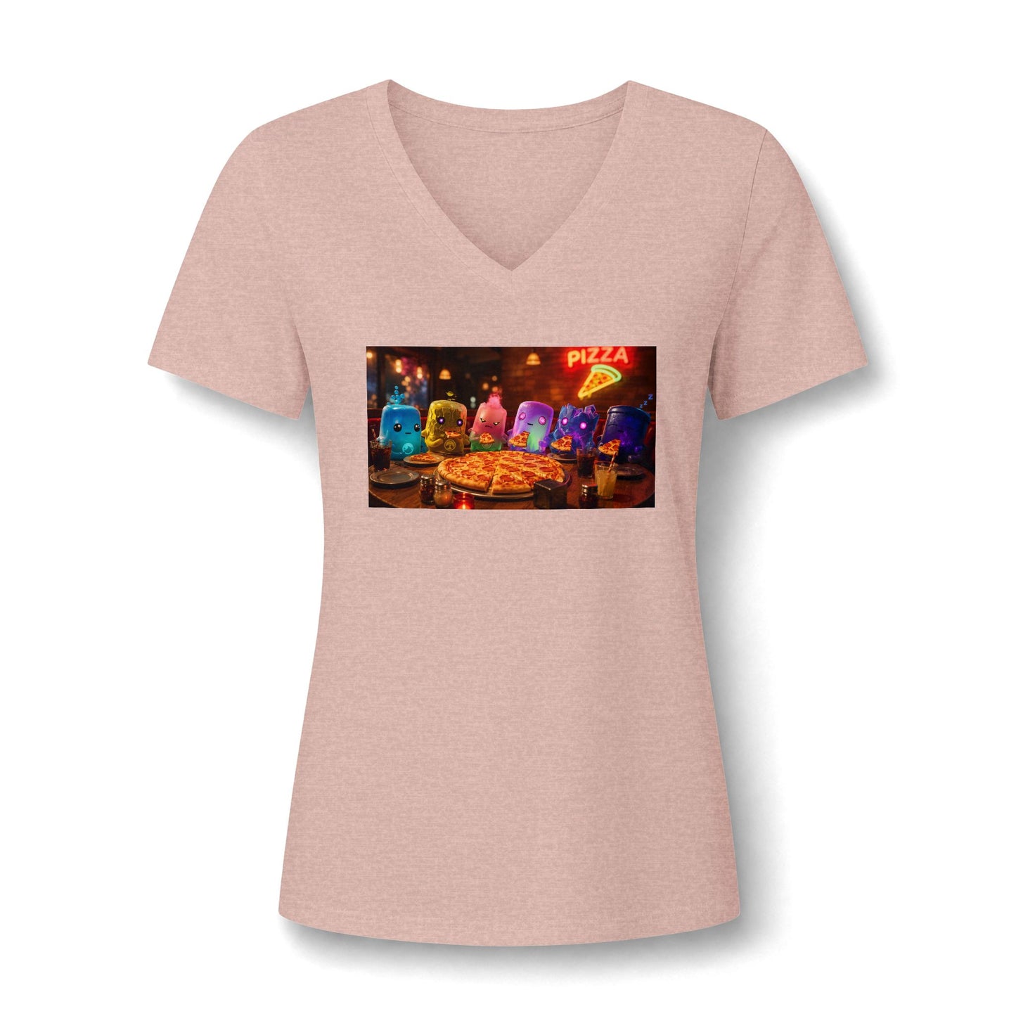 Pizza Night V‑Neck Tee — Colorful Arcade Slice Design