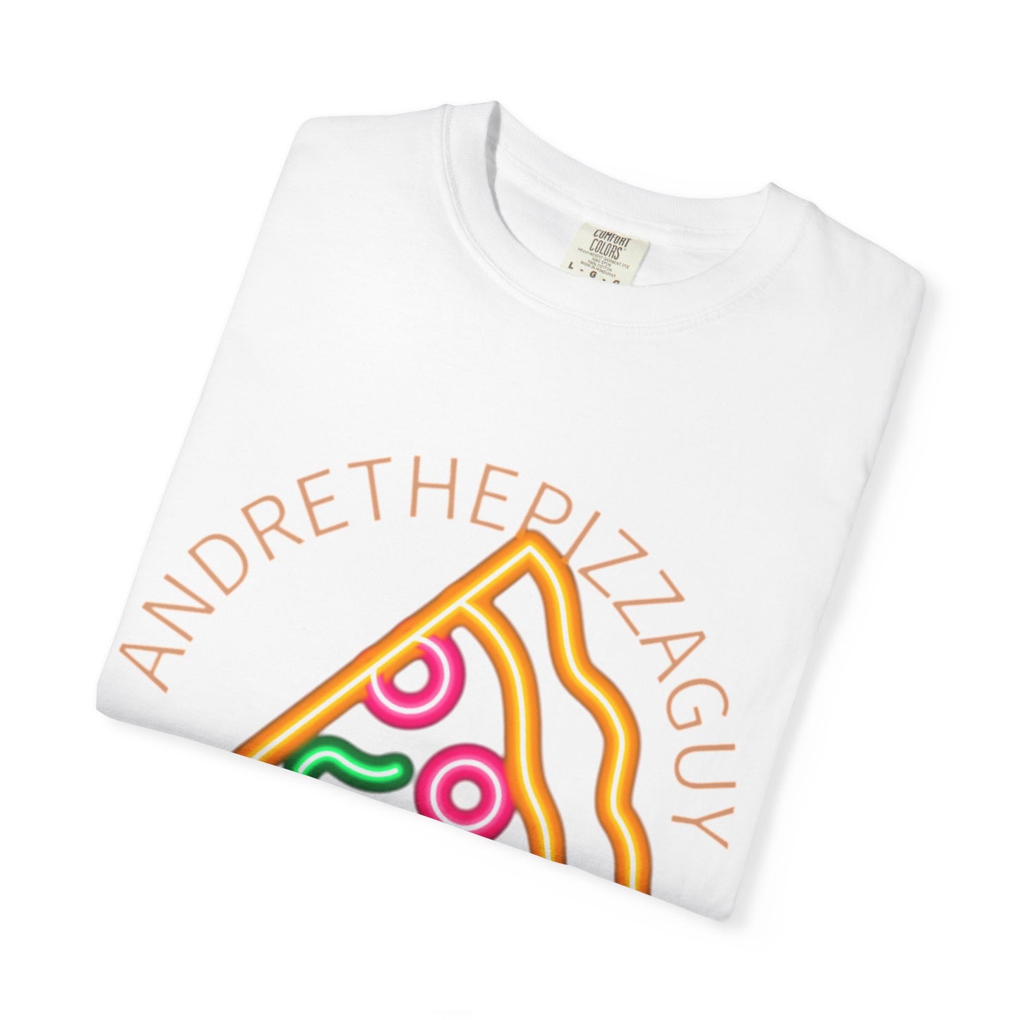 Pizza Slice Graphic T-Shirt – "ANDRETHEPIZZAGUY" Neon Design