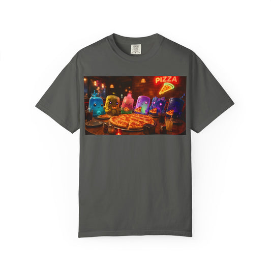 Pizza Night Ghosts T-Shirt — Neon Retro Pizza Party Tee