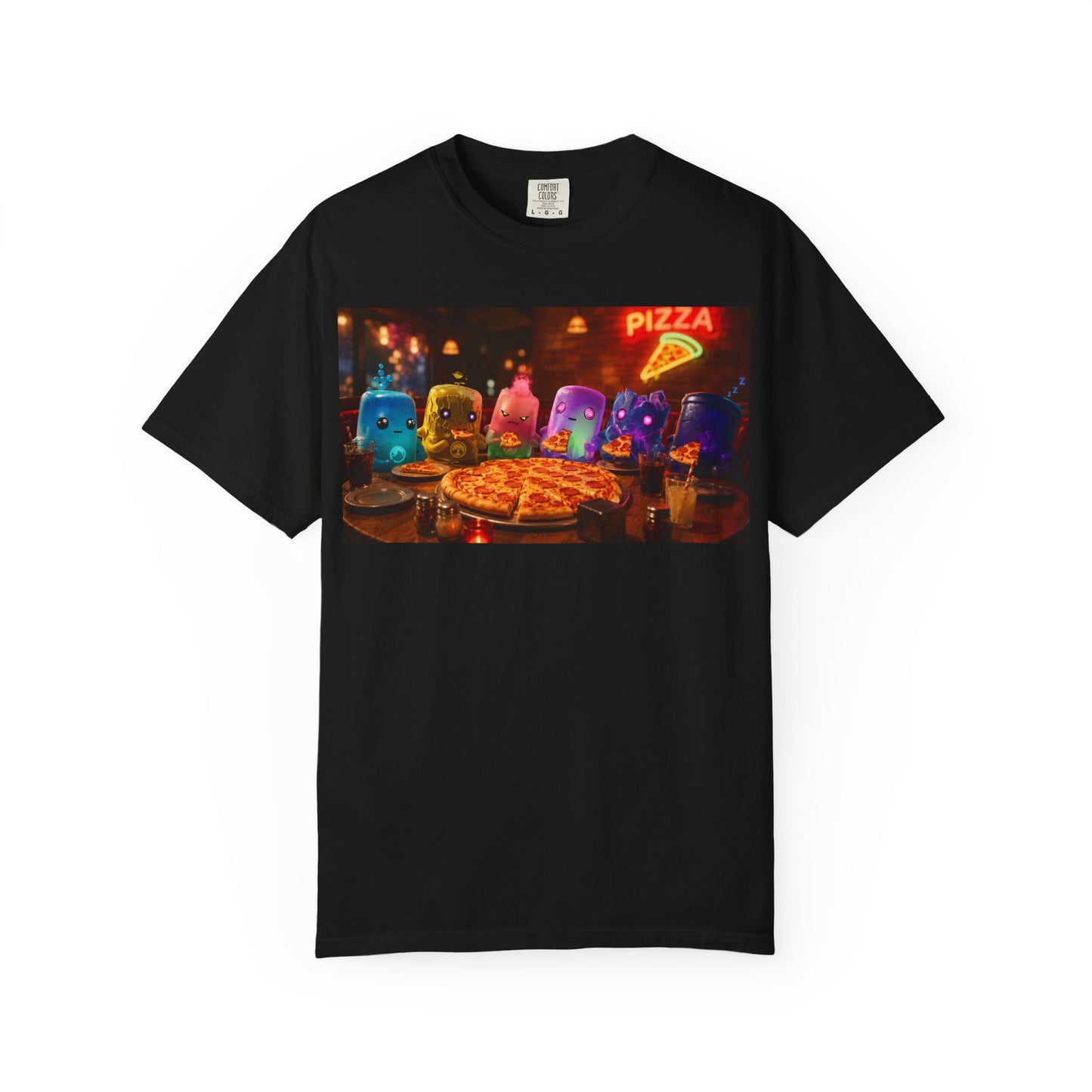 Pizza Night Ghosts T-Shirt — Neon Retro Pizza Party Tee