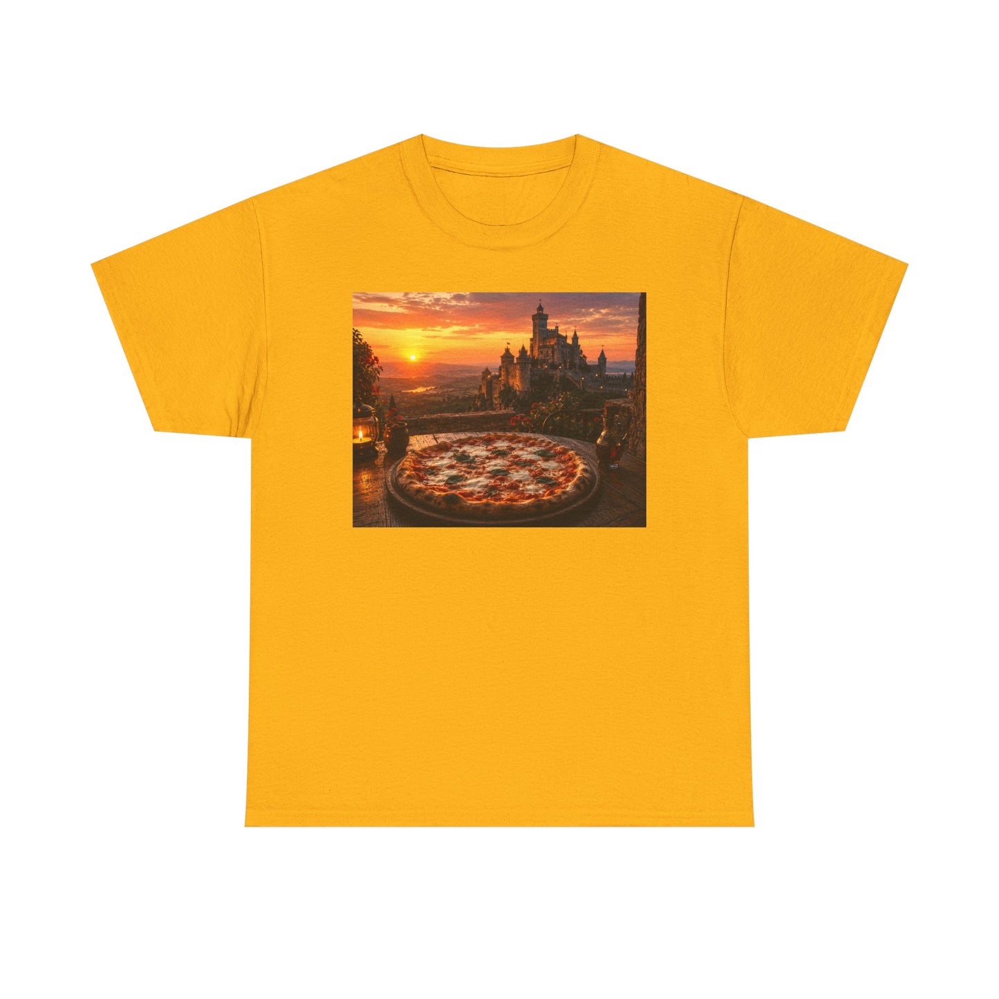 Pizza Sunset T‑Shirt — Scenic Castle & Pizza Print Tee
