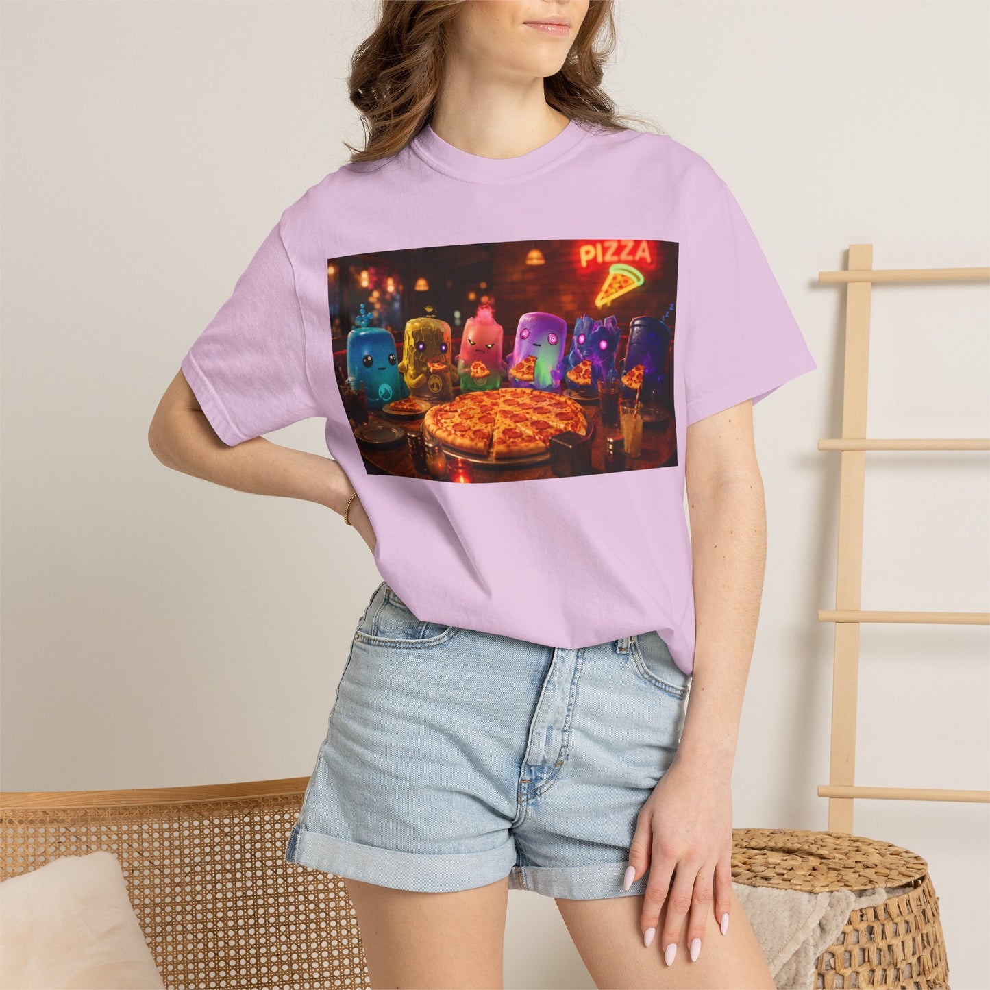 Pizza Night Ghosts T-Shirt — Neon Retro Pizza Party Tee