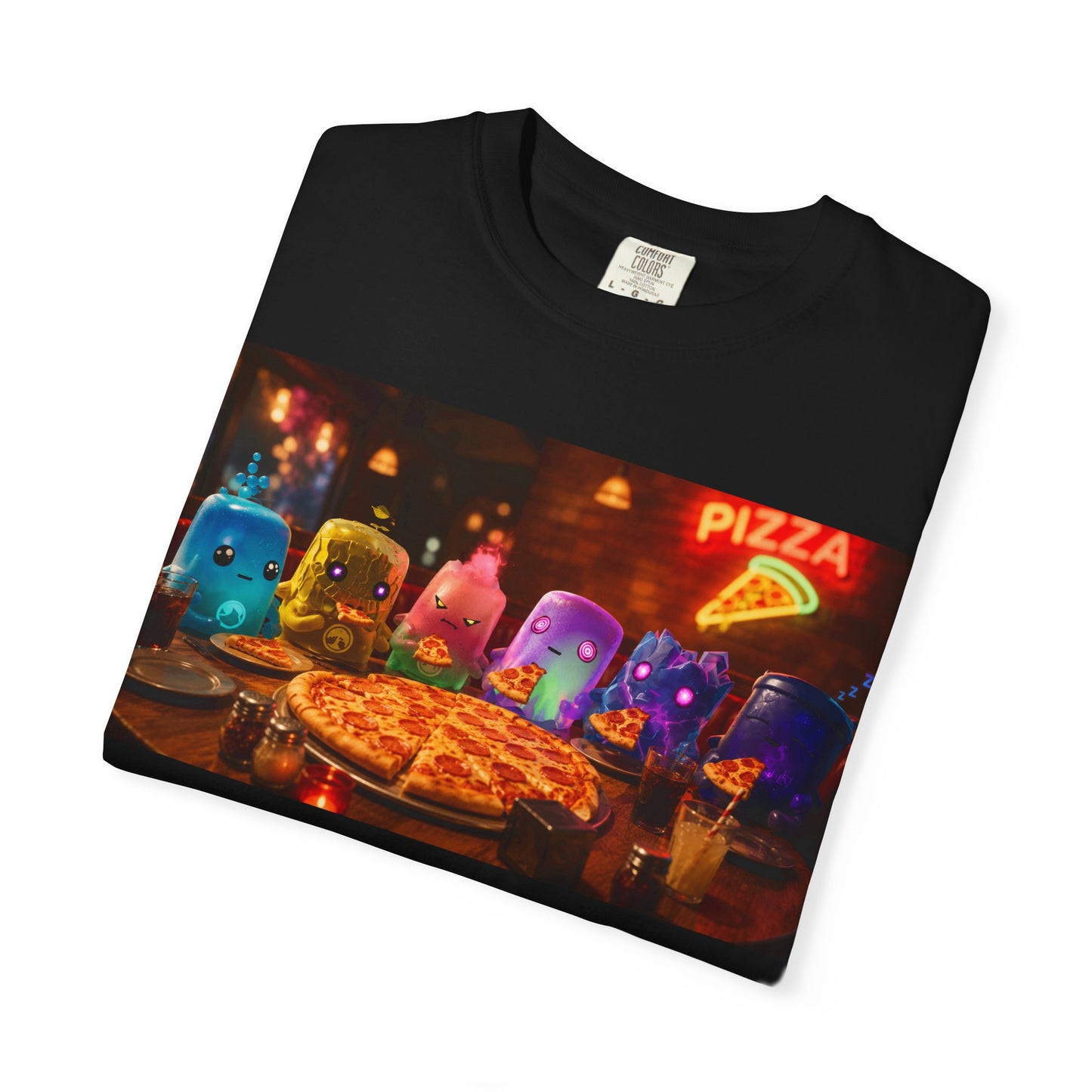 Pizza Night Ghosts T-Shirt — Neon Retro Pizza Party Tee