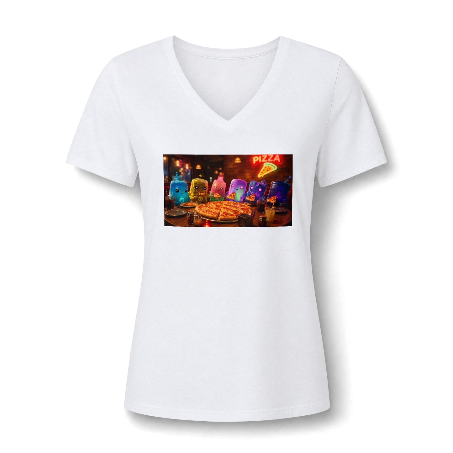 Pizza Night V‑Neck Tee — Colorful Arcade Slice Design