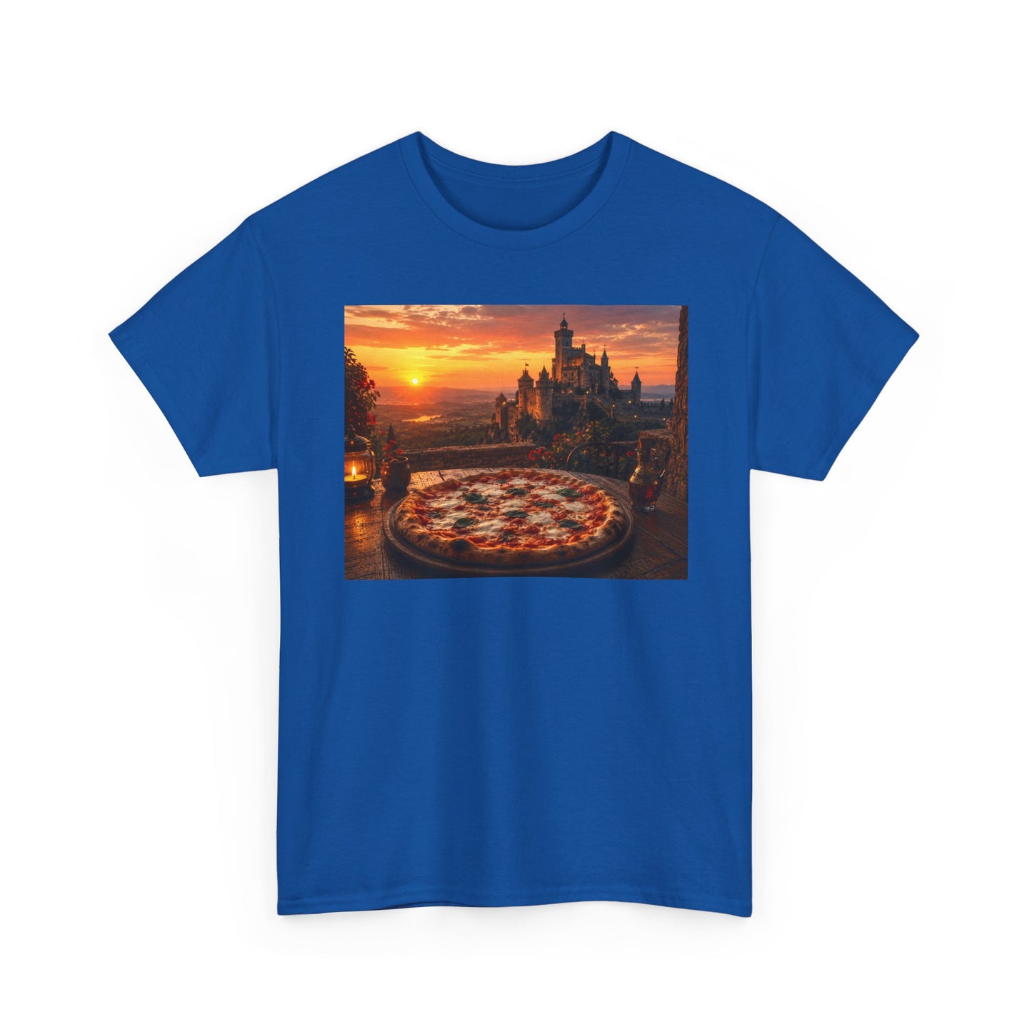 Pizza Sunset T‑Shirt — Scenic Castle & Pizza Print Tee