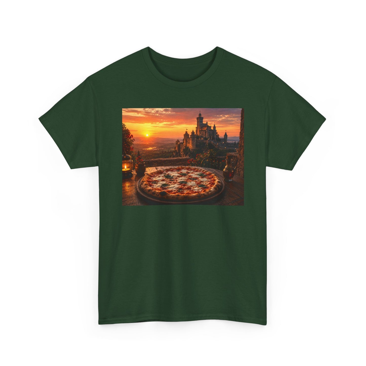Pizza Sunset T‑Shirt — Scenic Castle & Pizza Print Tee
